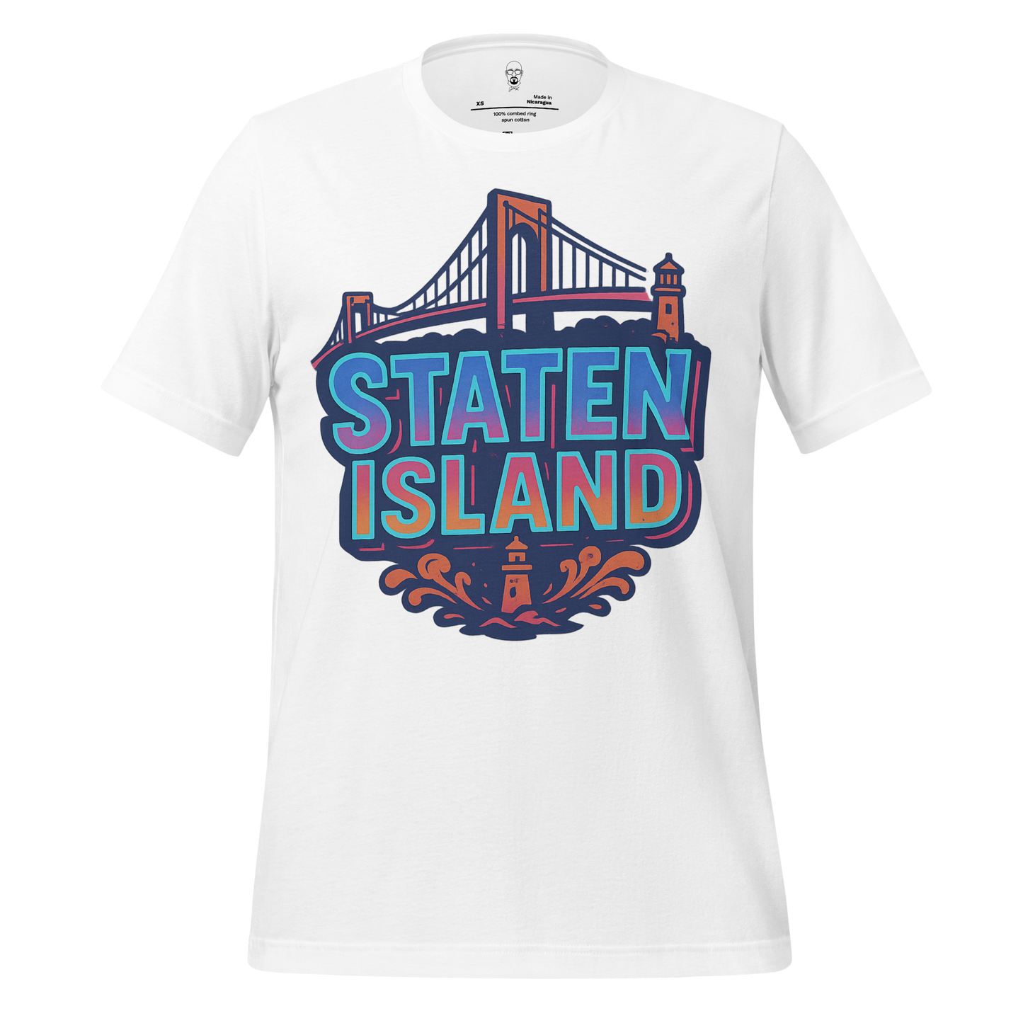 White Staten Island Graphic T-Shirt by JMK Drip featuring bridge and lighthouse design