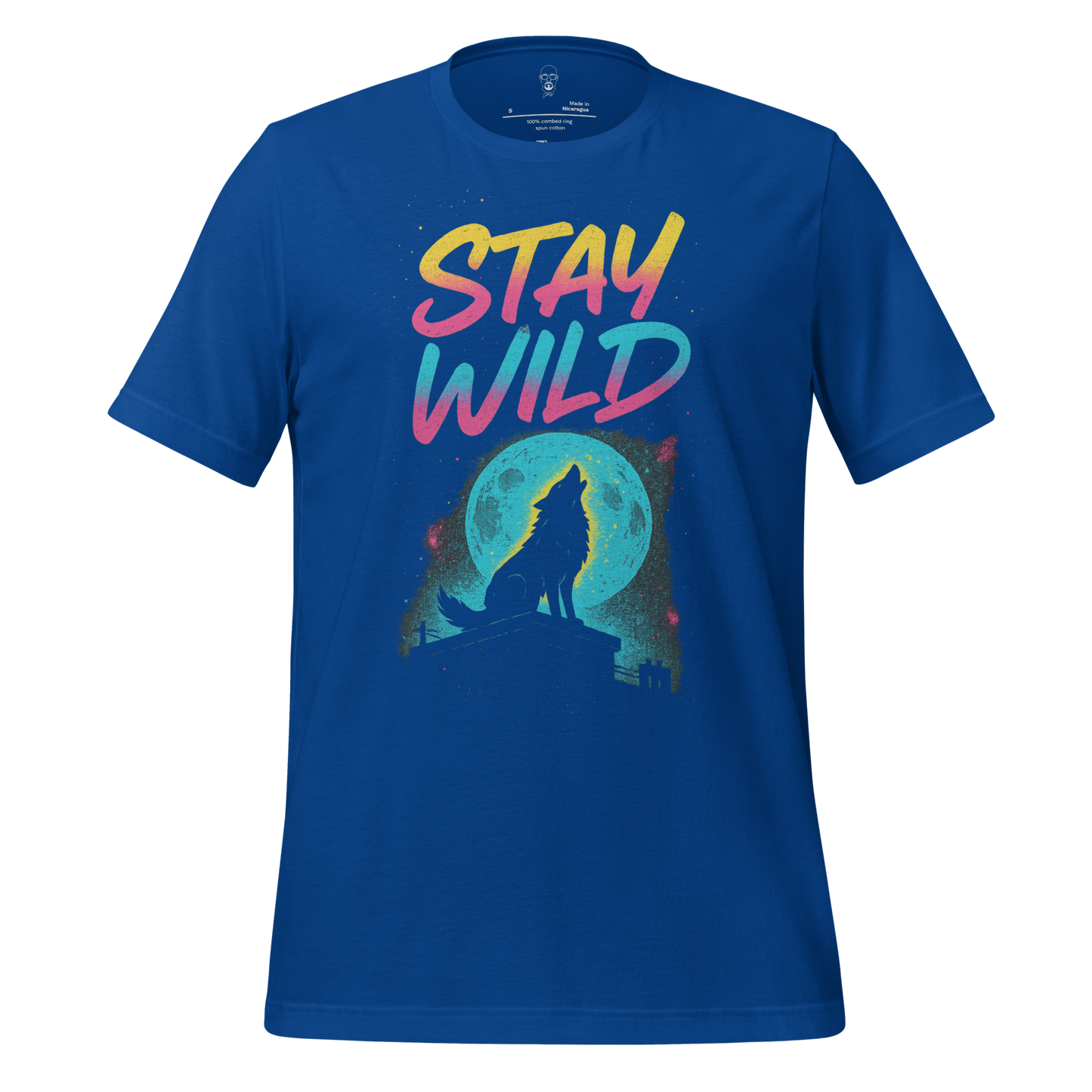 JMK Drip Stay Wild Graphic T-Shirt with colorful text and howling wolf silhouette in front of moon