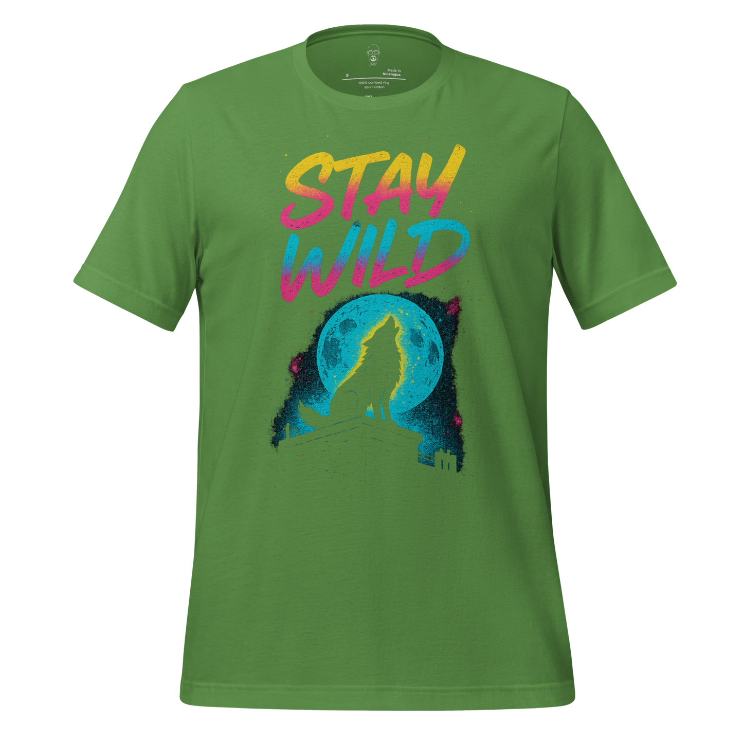 Green Stay Wild Graphic T-Shirt by JMK Drip with colorful text and wolf silhouette howling at full moon