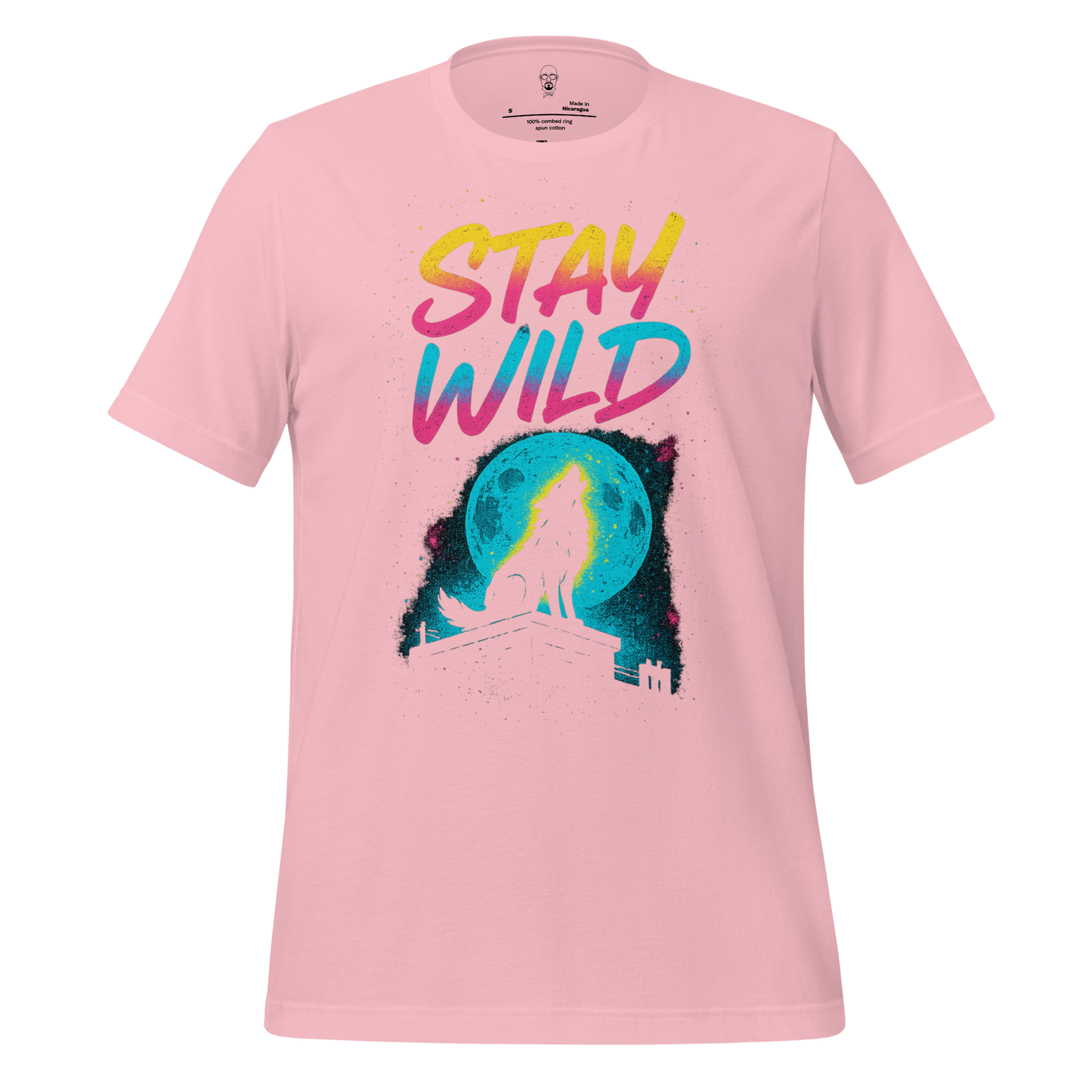 Pink Stay Wild Graphic T-Shirt featuring colorful text and a wolf silhouette howling at a blue moon