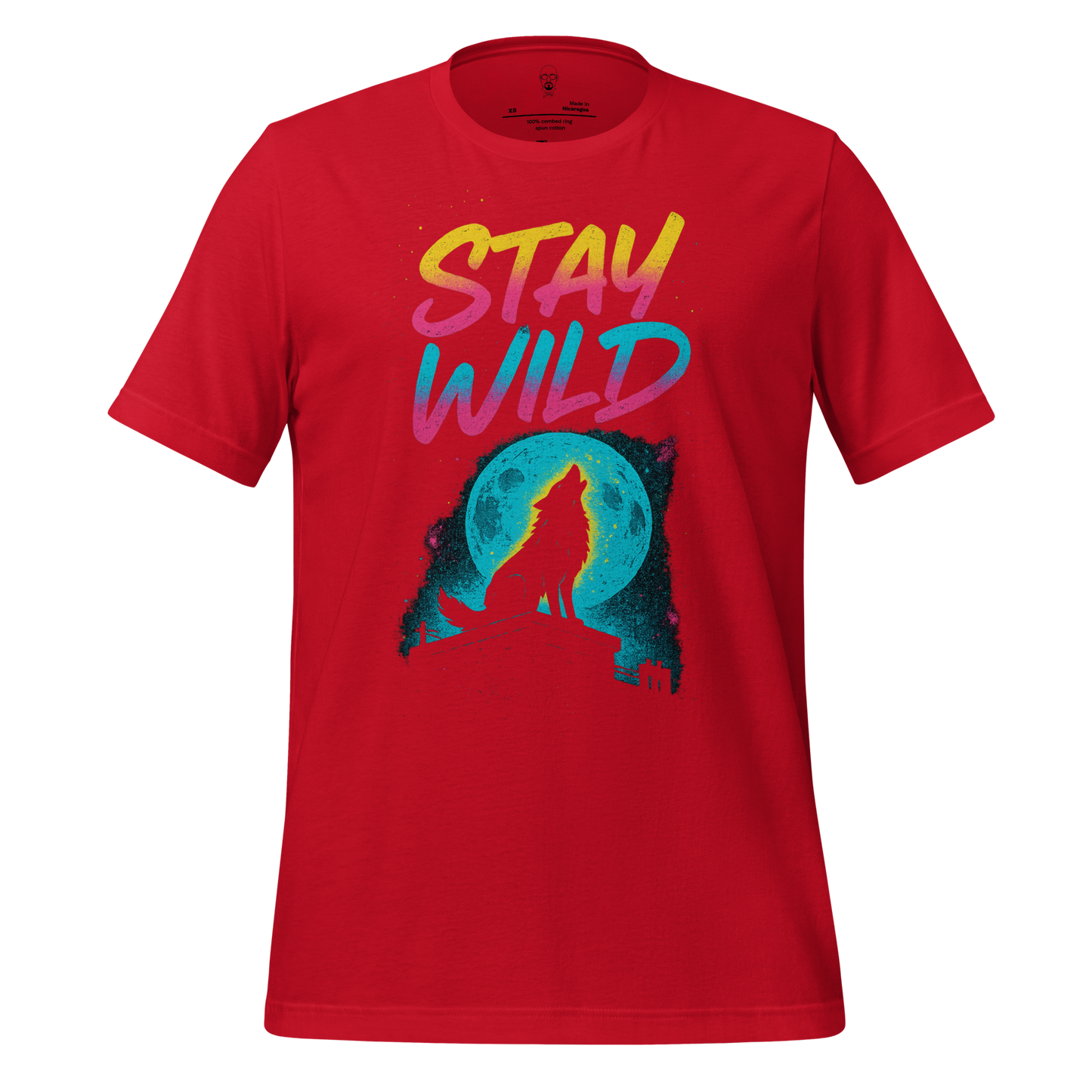 Red Stay Wild Graphic T-Shirt with colorful text and wolf silhouette howling at blue moon design