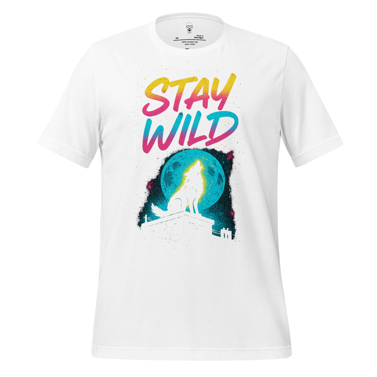 JMK Drip Stay Wild Graphic T-Shirt with colorful text and wolf howling at blue moon on white tee