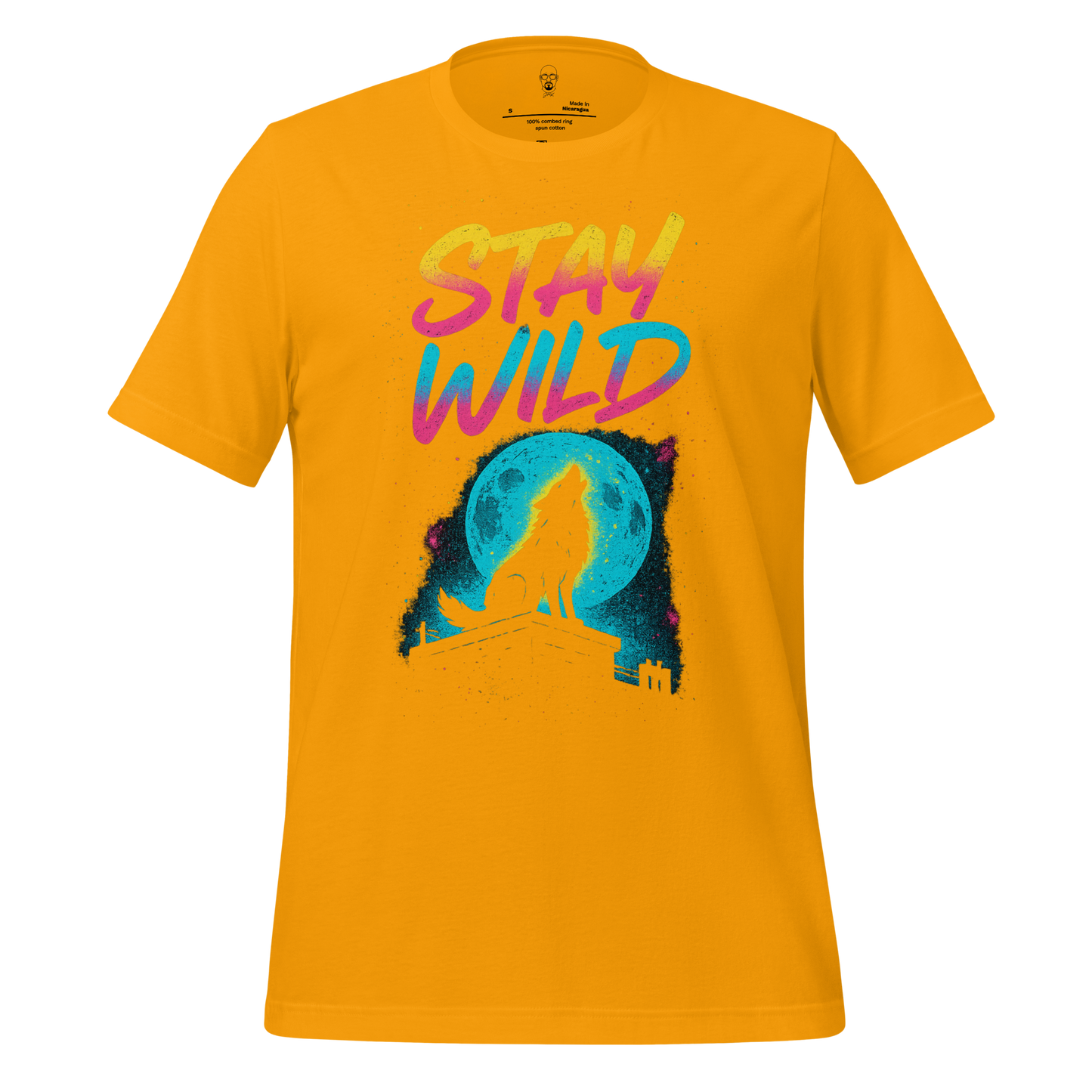 Yellow Stay Wild Graphic T-Shirt by JMK Drip featuring colorful text and a wolf silhouette howling at the blue moon