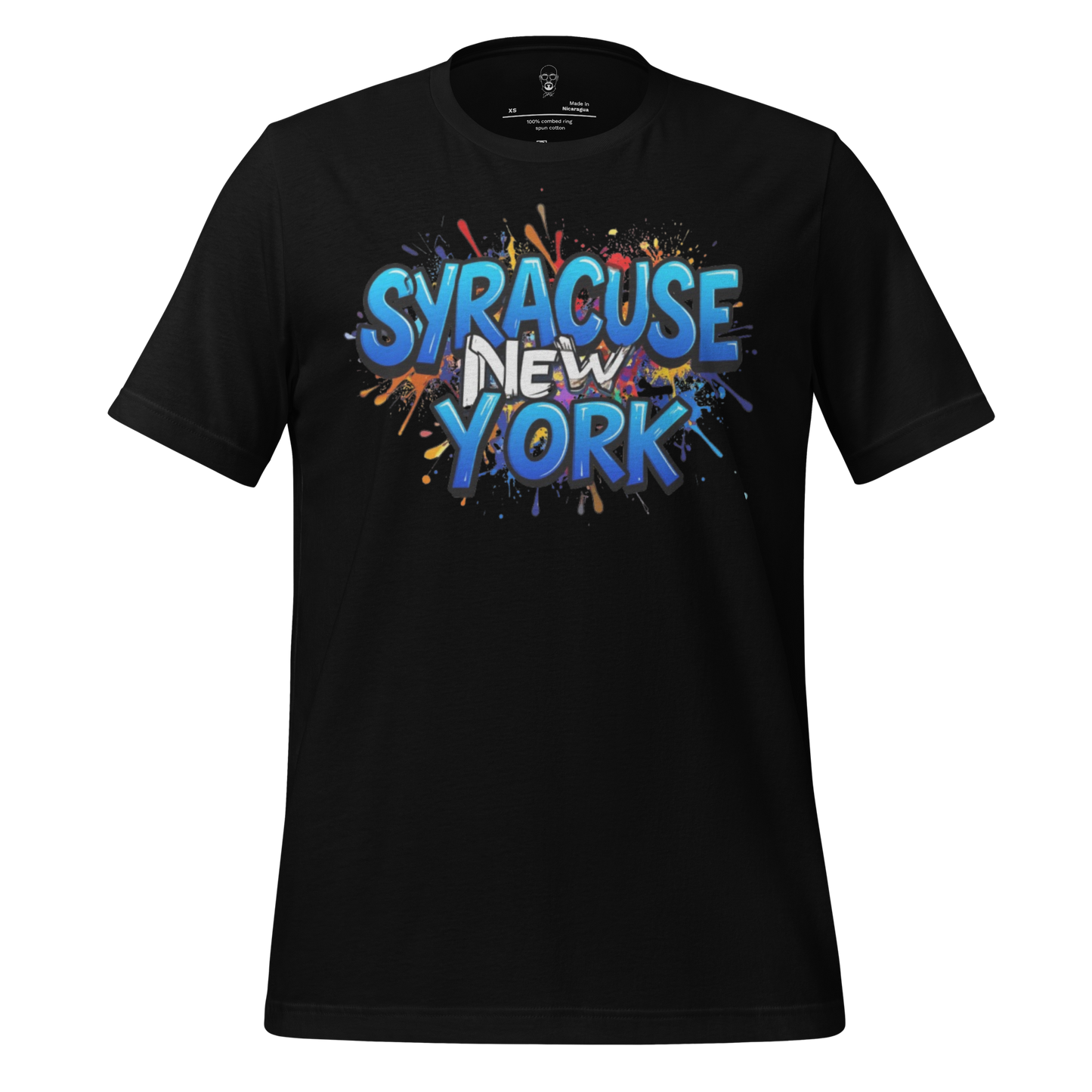 Black JMK Drip Syracuse New York t-shirt with colorful graffiti style text design