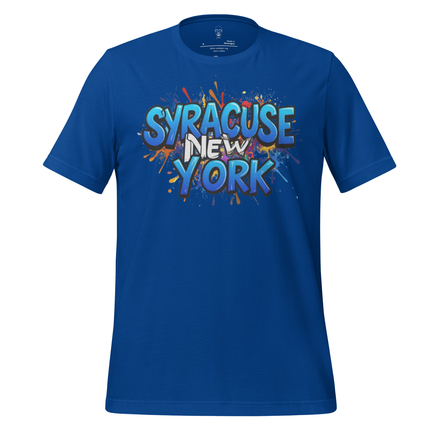 Blue Syracuse New York t-shirt with colorful graffiti style text design by JMK Drip