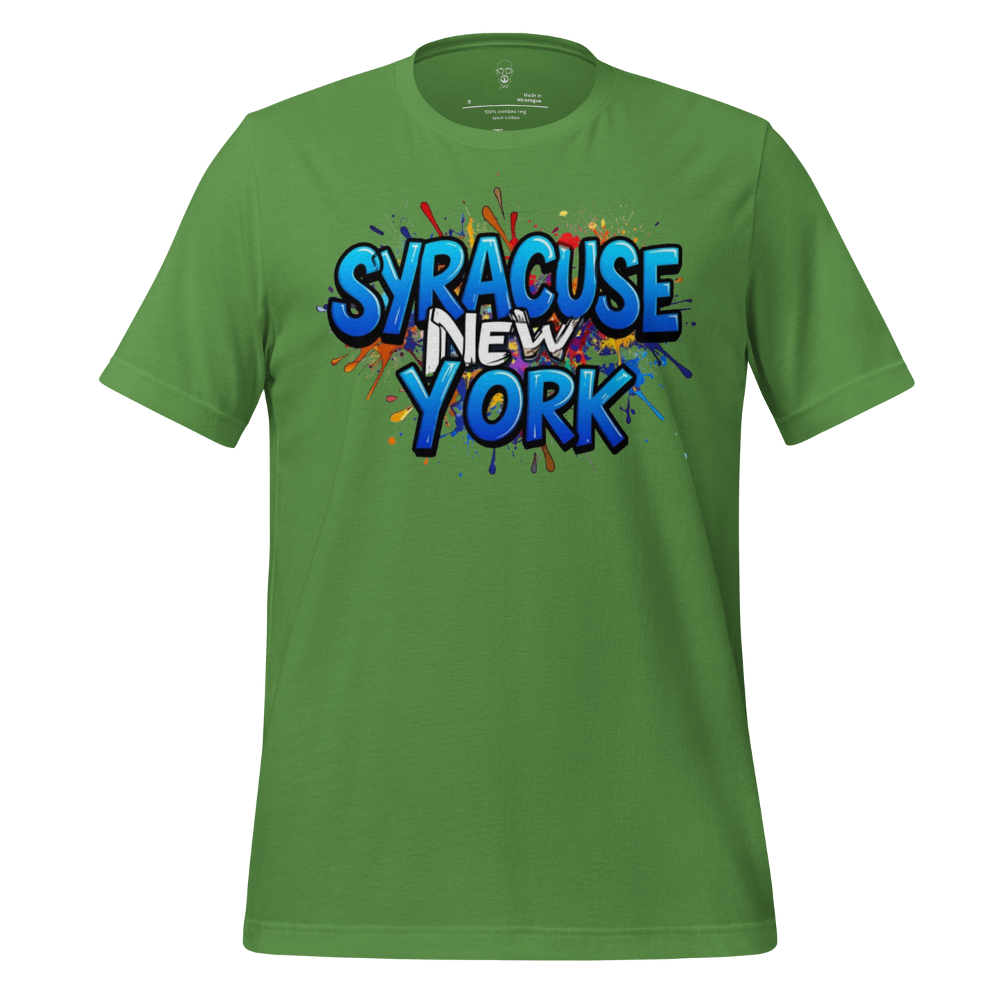 Green Syracuse New York t-shirt with colorful graffiti style text graphic