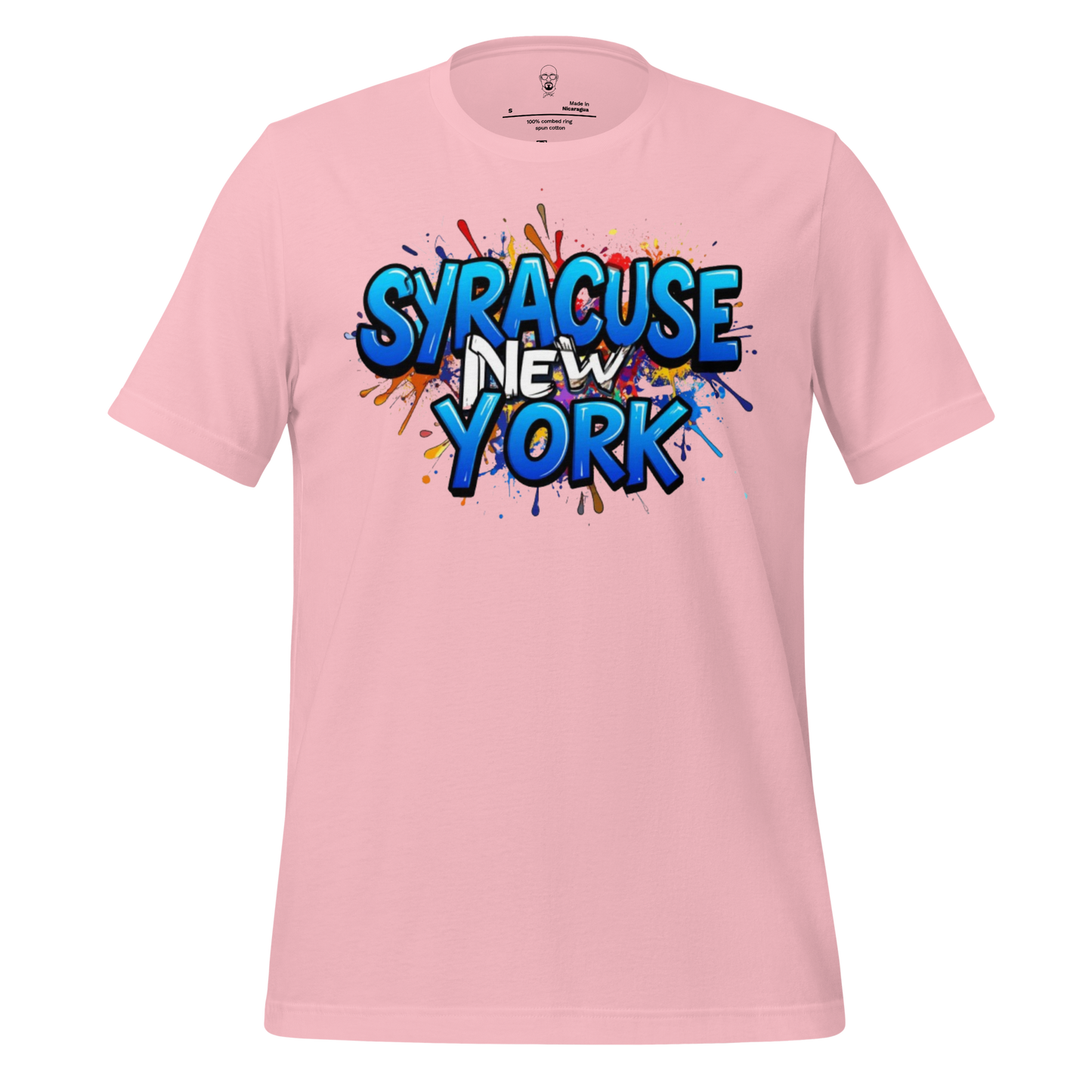 Pink Syracuse New York t-shirt with blue graffiti style text and colorful paint splatter design