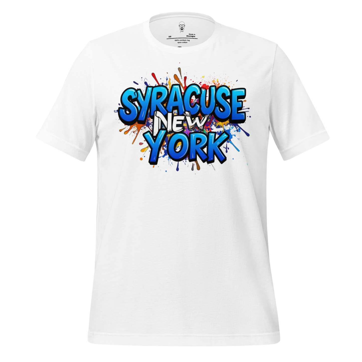 White Syracuse New York t-shirt with colorful graffiti-style city name print by JMK Drip
