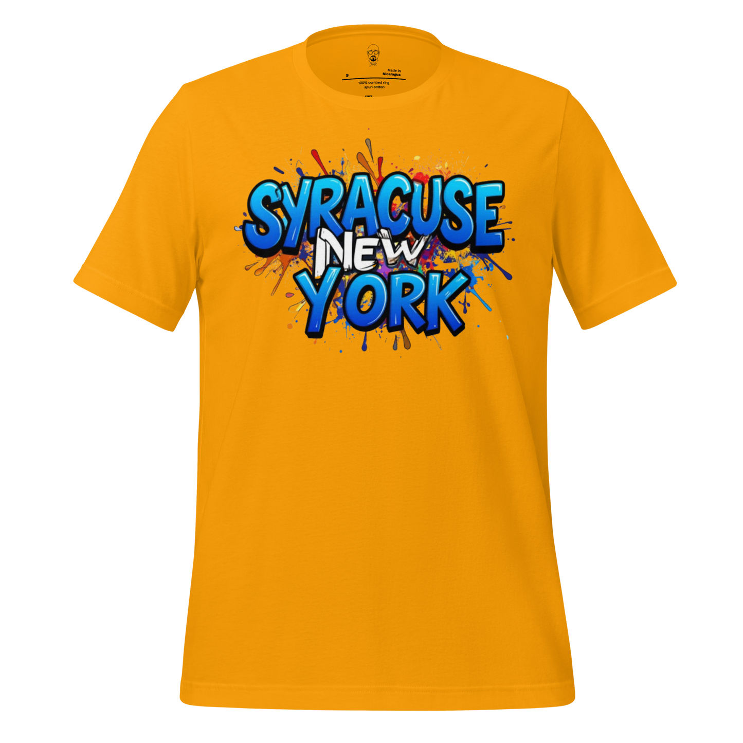 JMK Drip yellow Syracuse New York t-shirt with blue graffiti style text design