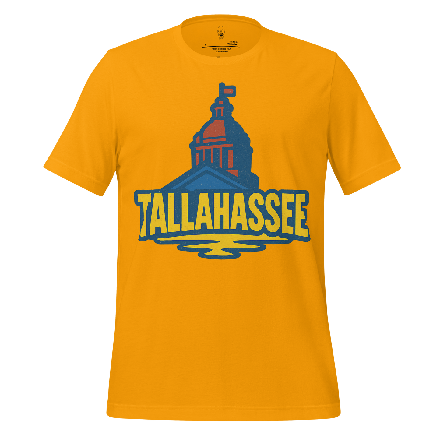 Yellow Tallahassee Graphic T-Shirt with Capitol building design in blue and red