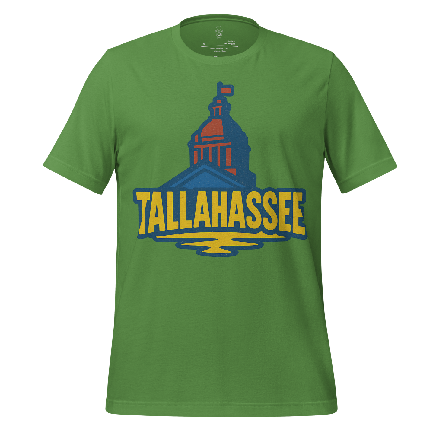 Green Tallahassee Graphic T-Shirt featuring a bold cityscape design with yellow and blue text