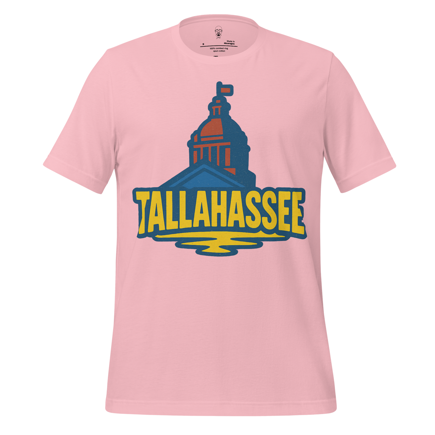 Pink Tallahassee Graphic T-Shirt with bold yellow and blue state capitol design