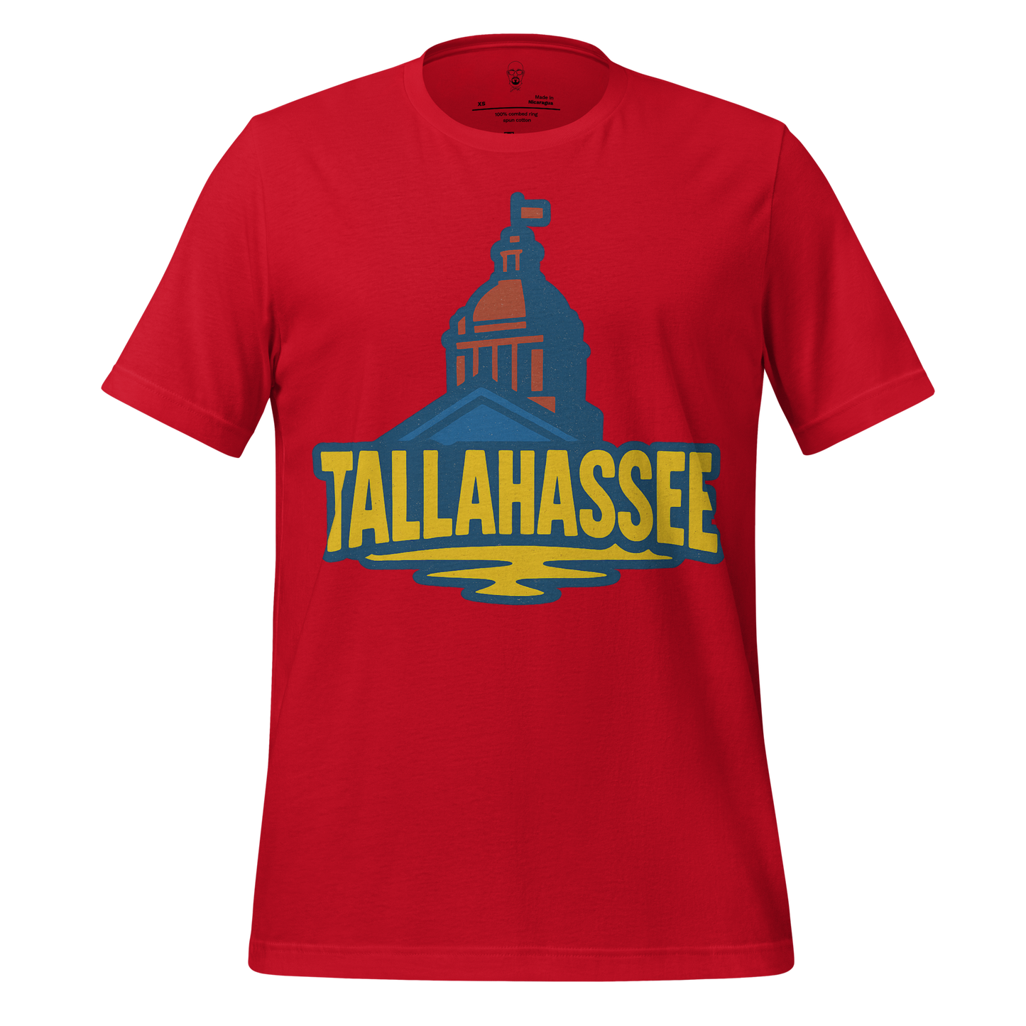 Red Tallahassee Graphic T-Shirt featuring a blue and yellow capitol building design