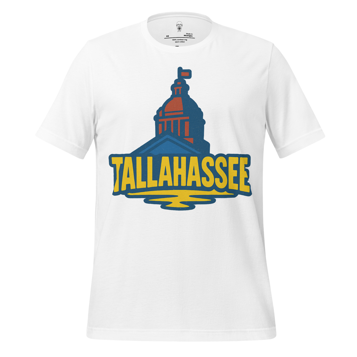 White Tallahassee Graphic T-Shirt with colorful city capitol design in blue, yellow, and red