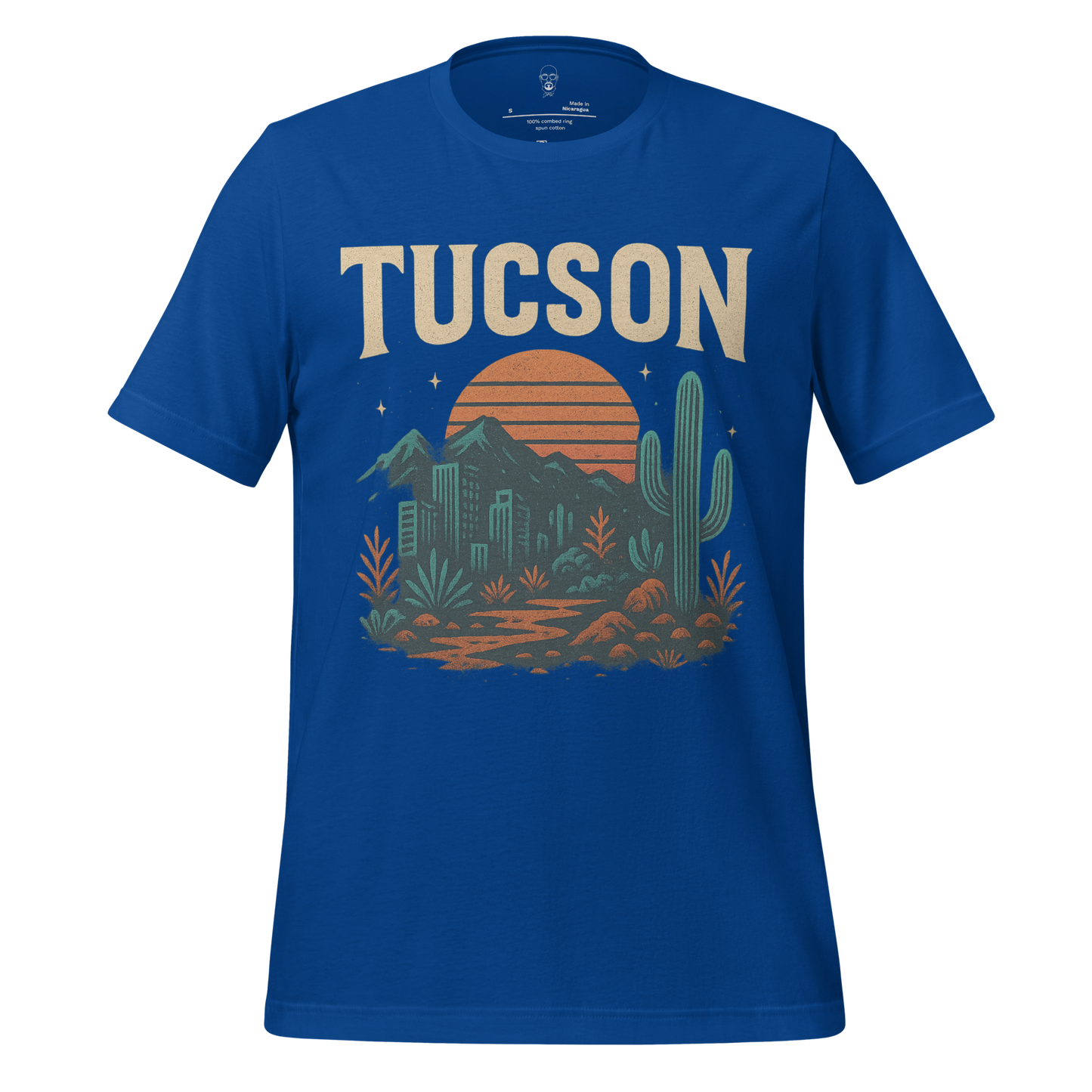 Blue Tucson Graphic T-Shirt with desert landscape, cactus, and sunset design by JMK Drip