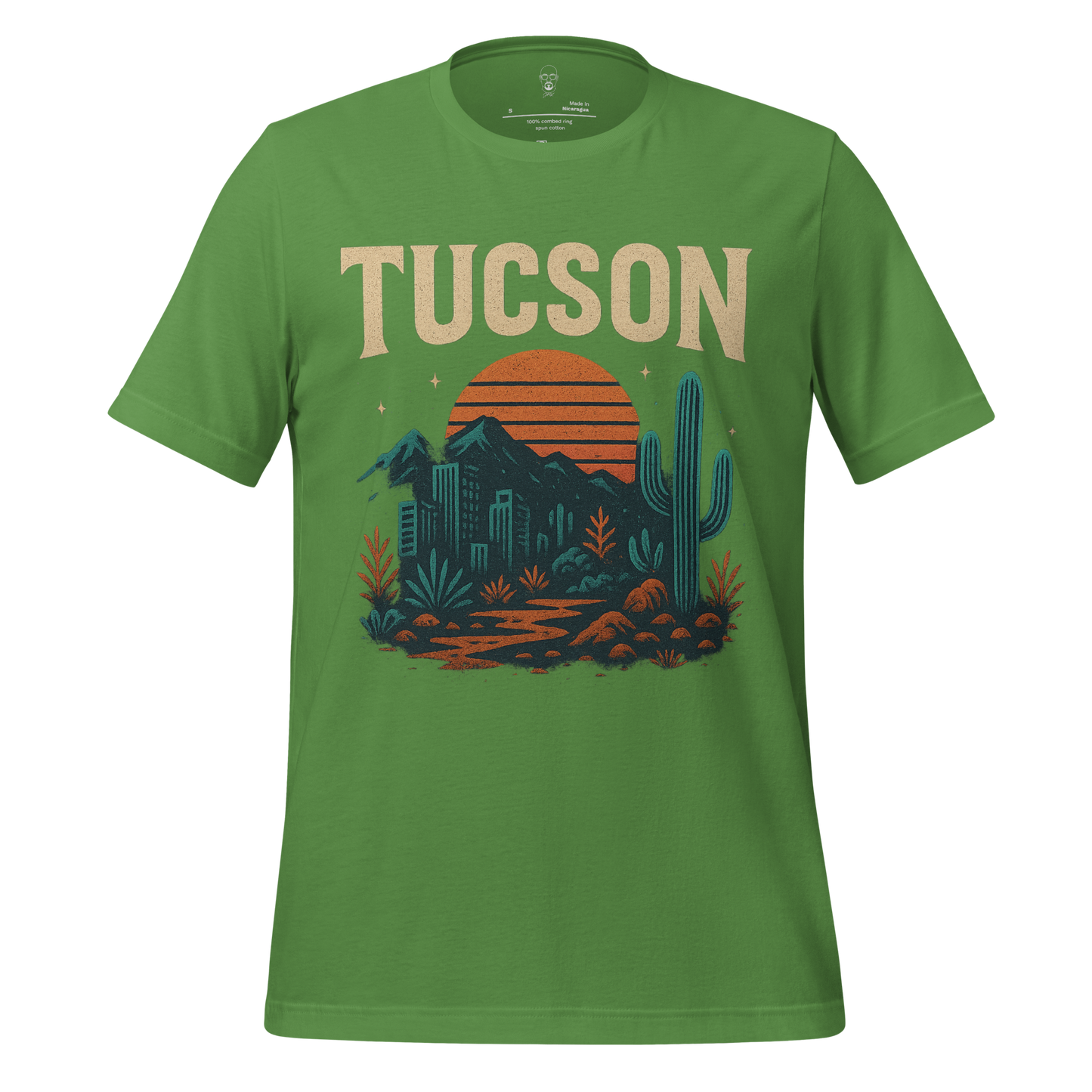 Green Tucson Graphic T-Shirt by JMK Drip featuring desert sunset and cactus design