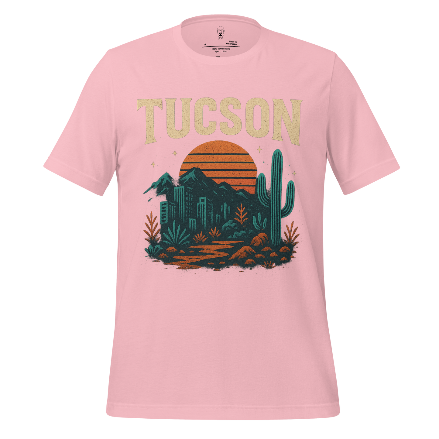 Pink Tucson Graphic T-Shirt by JMK Drip featuring desert landscape with cactus and sunset design