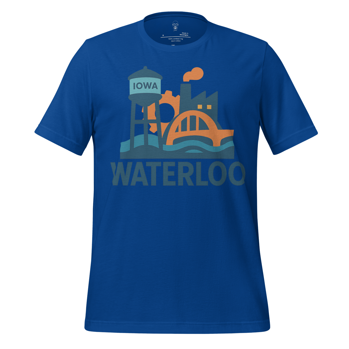 Blue Waterloo Graphic T-Shirt by JMK Drip featuring Iowa cityscape and water tower design