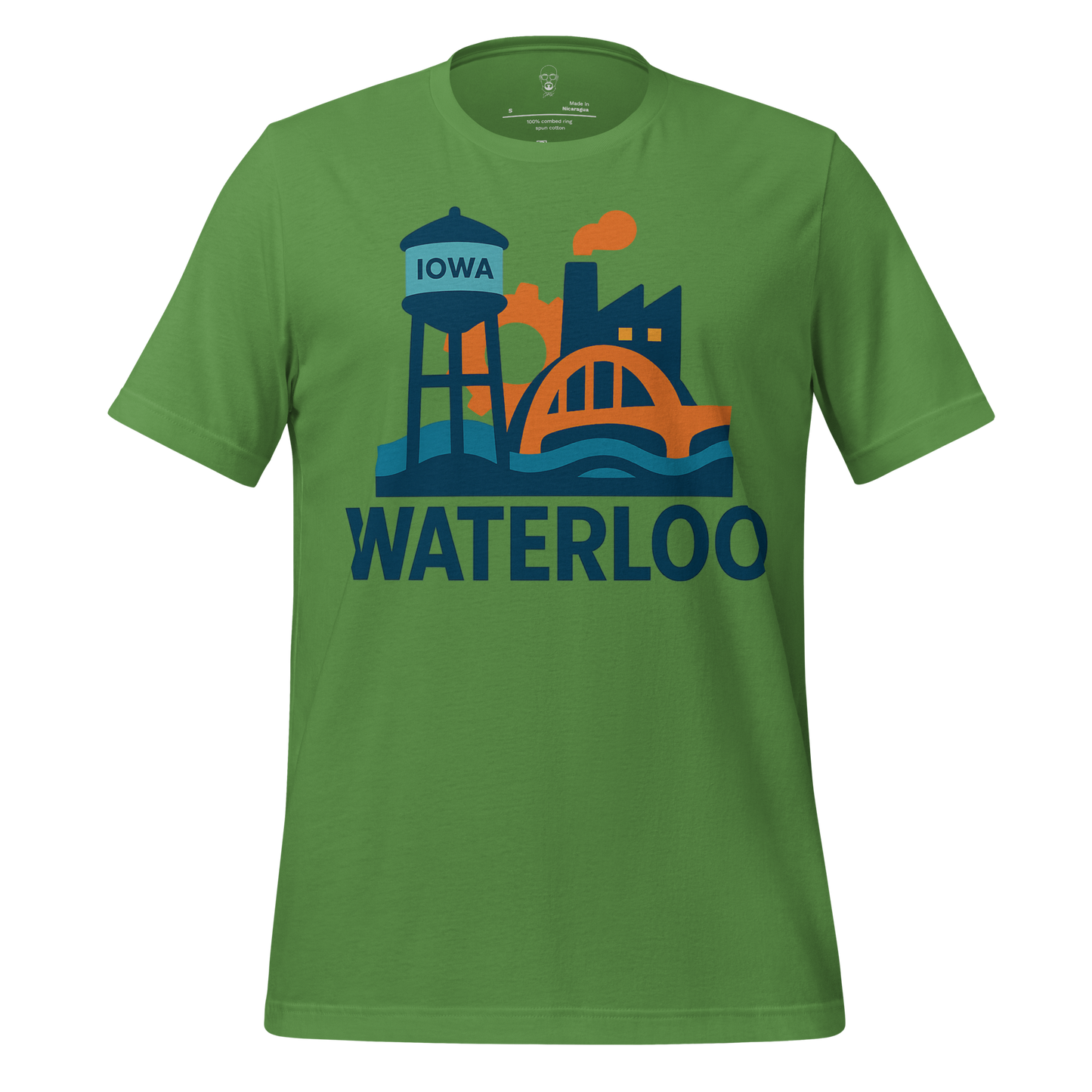 Green Waterloo Graphic T-Shirt by JMK Drip with Iowa water tower and cityscape design
