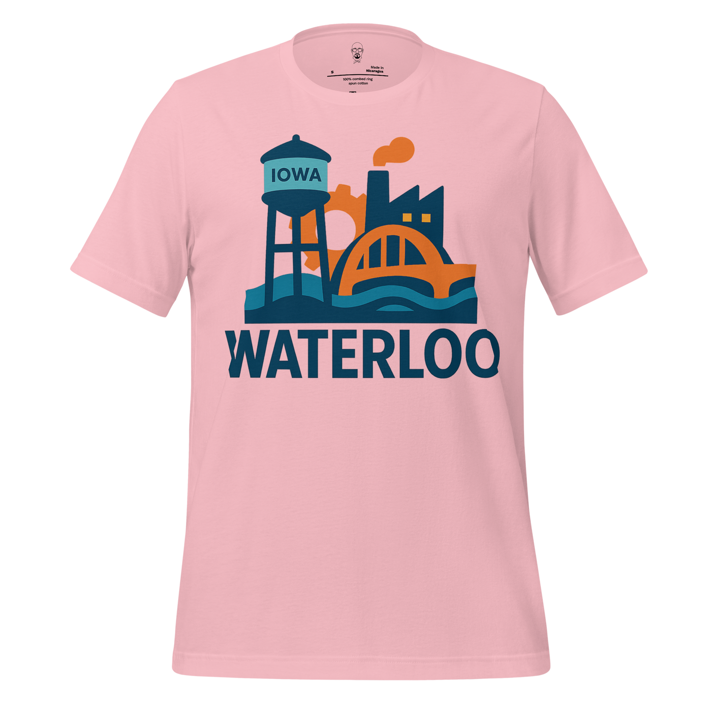 Pink JMK Drip Waterloo Graphic T-Shirt featuring Iowa water tower and industrial design