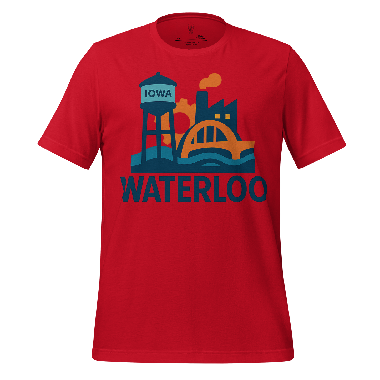 Red Waterloo Graphic T-Shirt with Iowa cityscape design featuring water tower and bridge