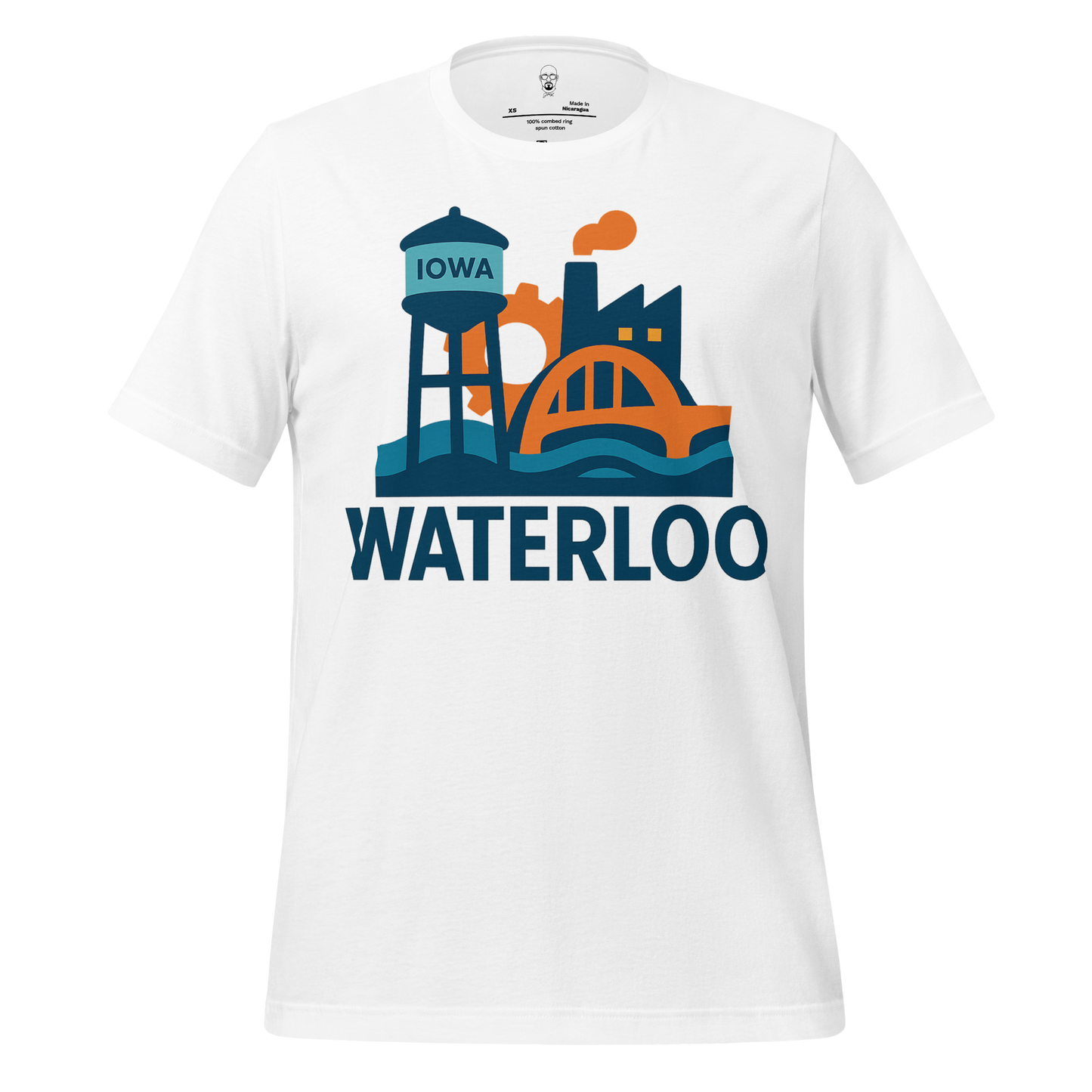 White JMK Drip Waterloo Graphic T-Shirt featuring Iowa water tower and industrial city design