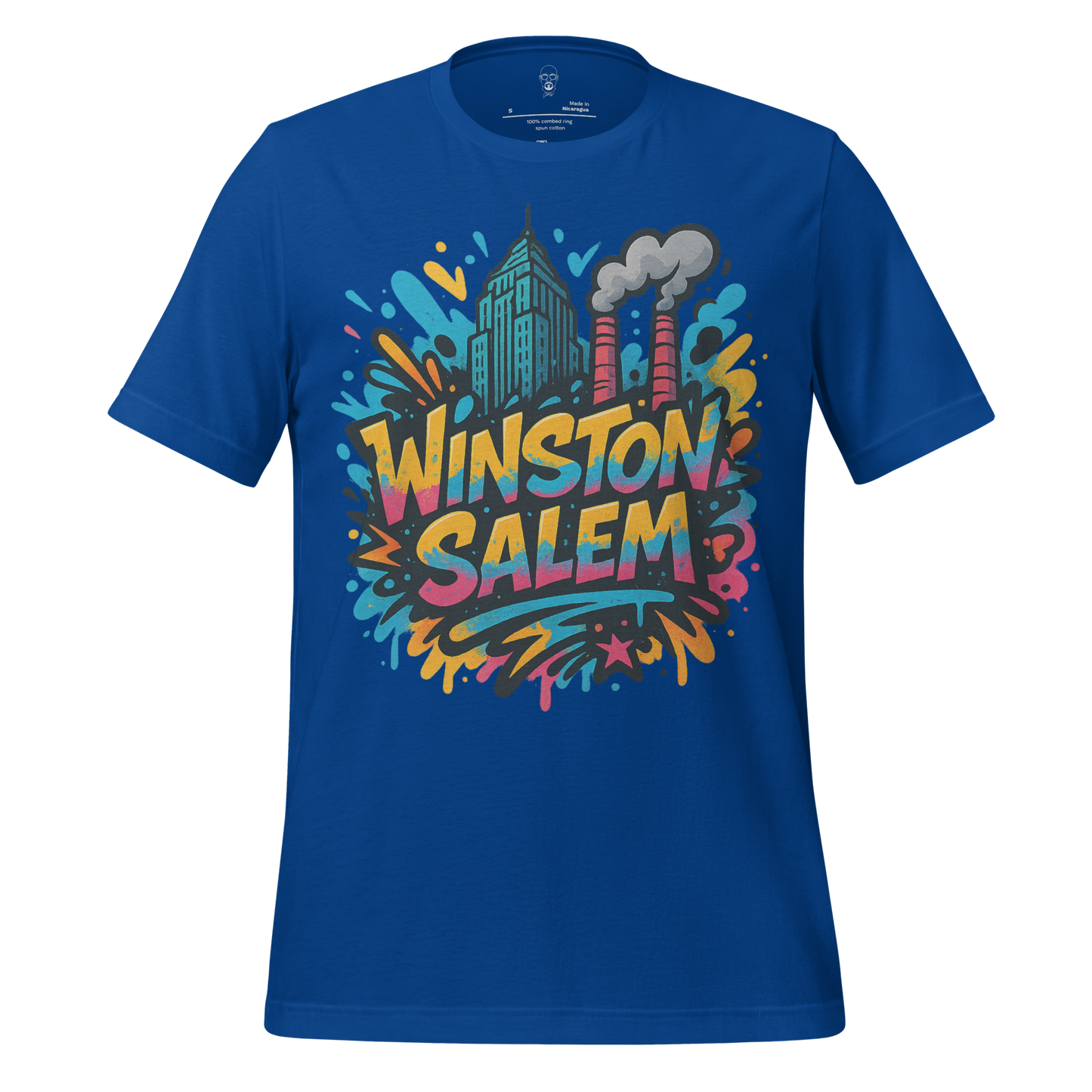 Blue Winston-Salem Graphic T-Shirt with colorful city skyline and smoke stacks design