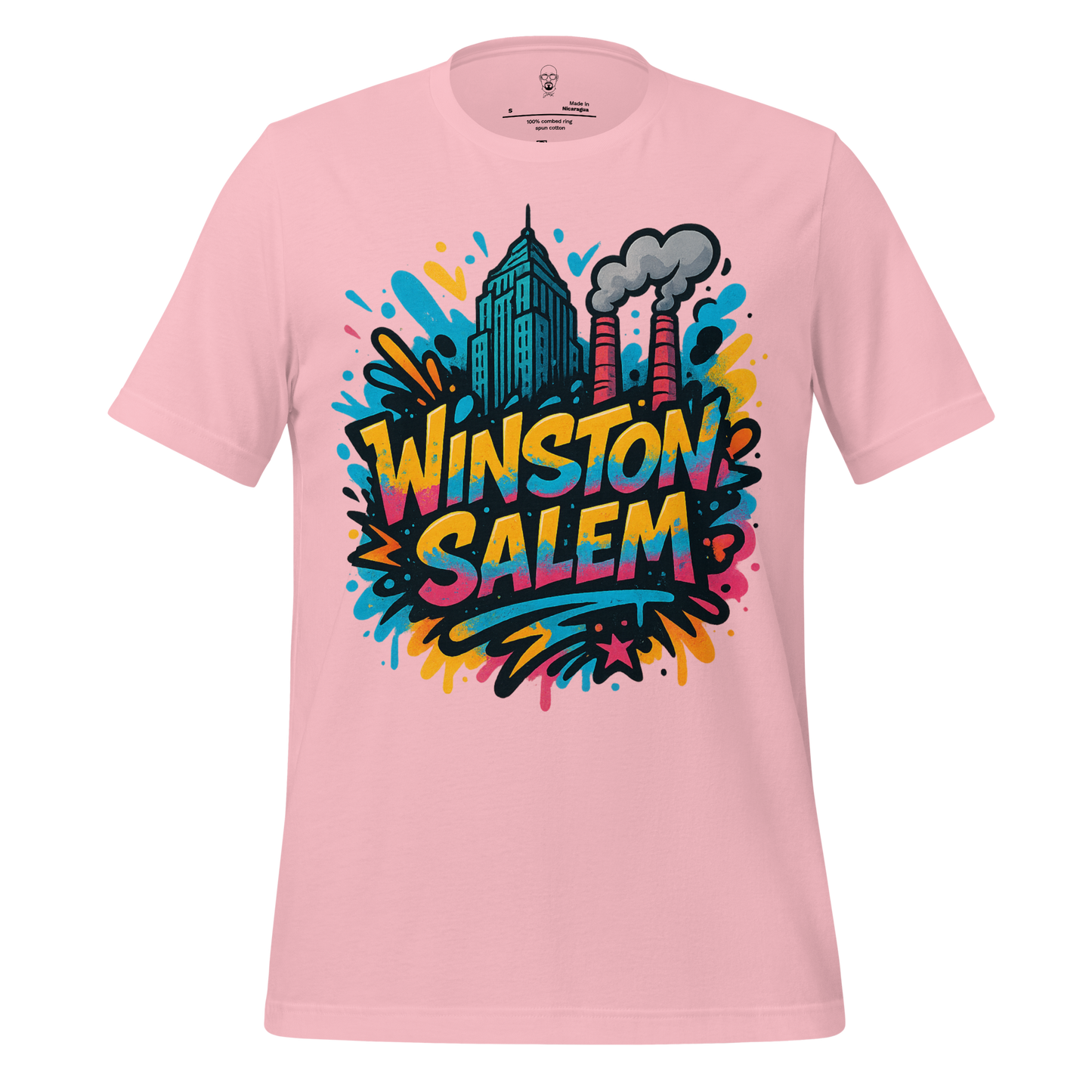 Pink Winston-Salem Graphic T-Shirt with colorful urban skyline and graffiti style design