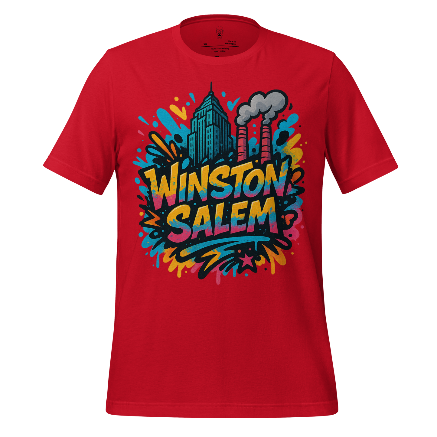 Red Winston-Salem Graphic T-Shirt with colorful cityscape and graffiti style design by JMK Drip
