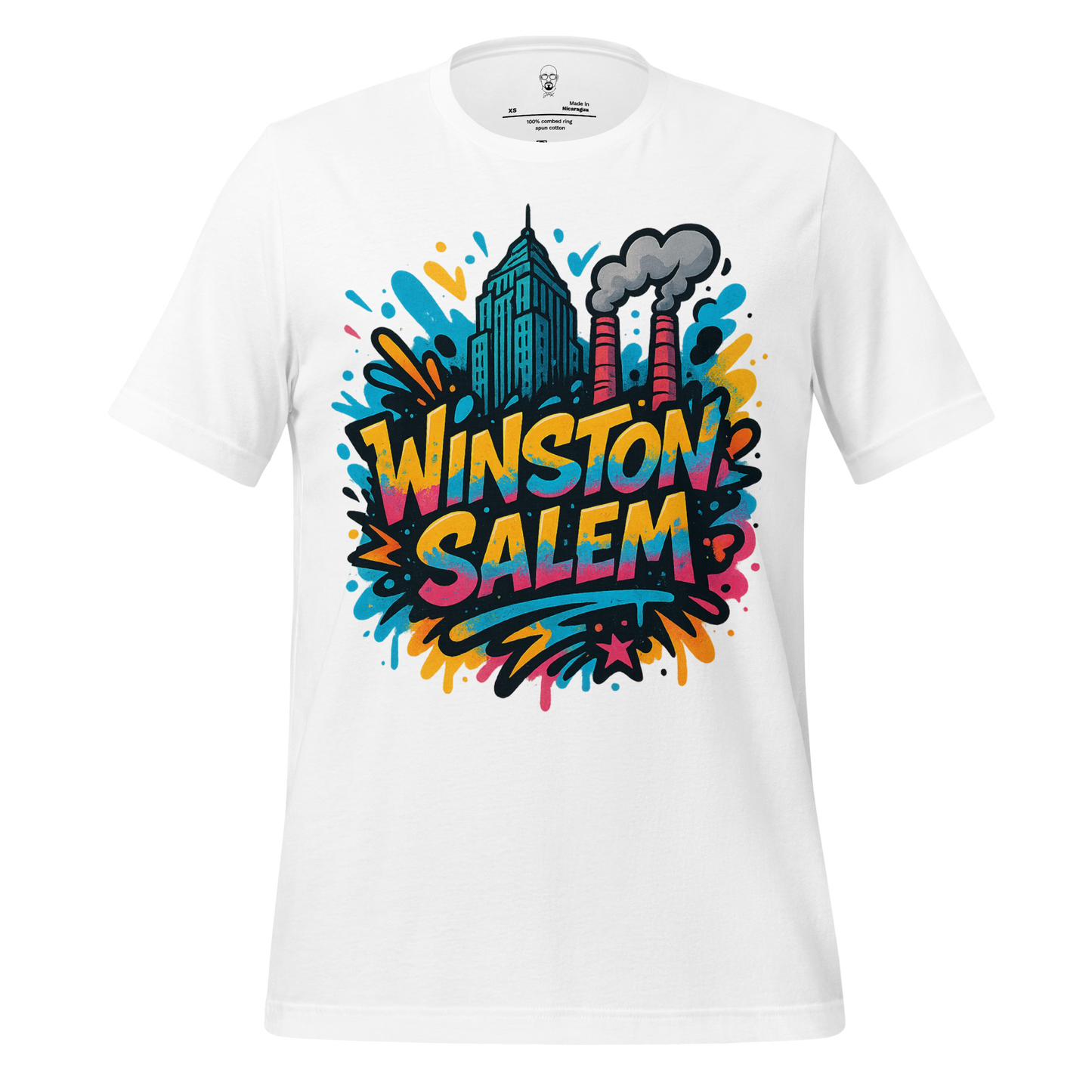 White Winston-Salem Graphic T-Shirt with colorful cityscape and smoke stack design by JMK Drip