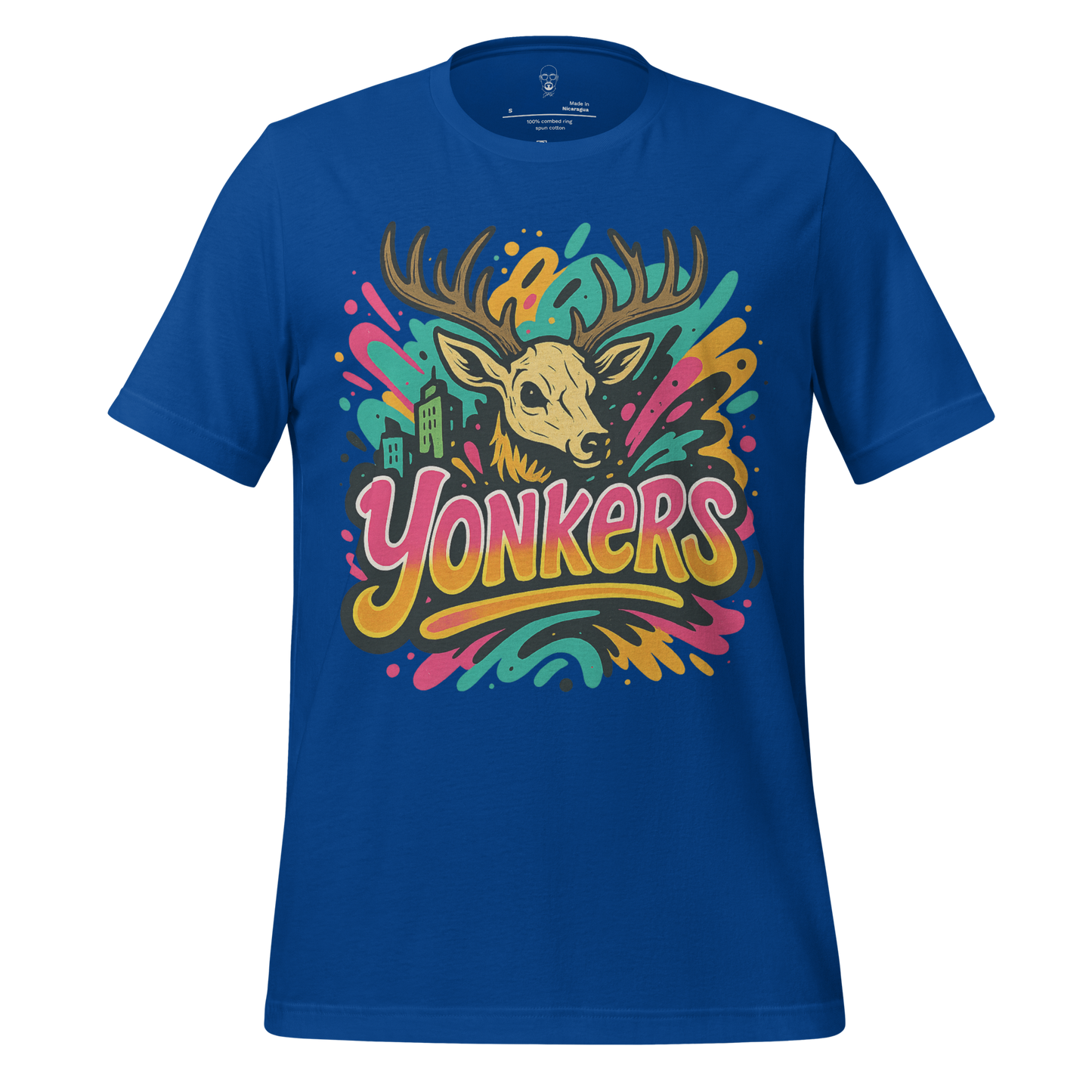 JMK Drip Yonkers Graphic T-Shirt in blue with colorful deer and cityscape design