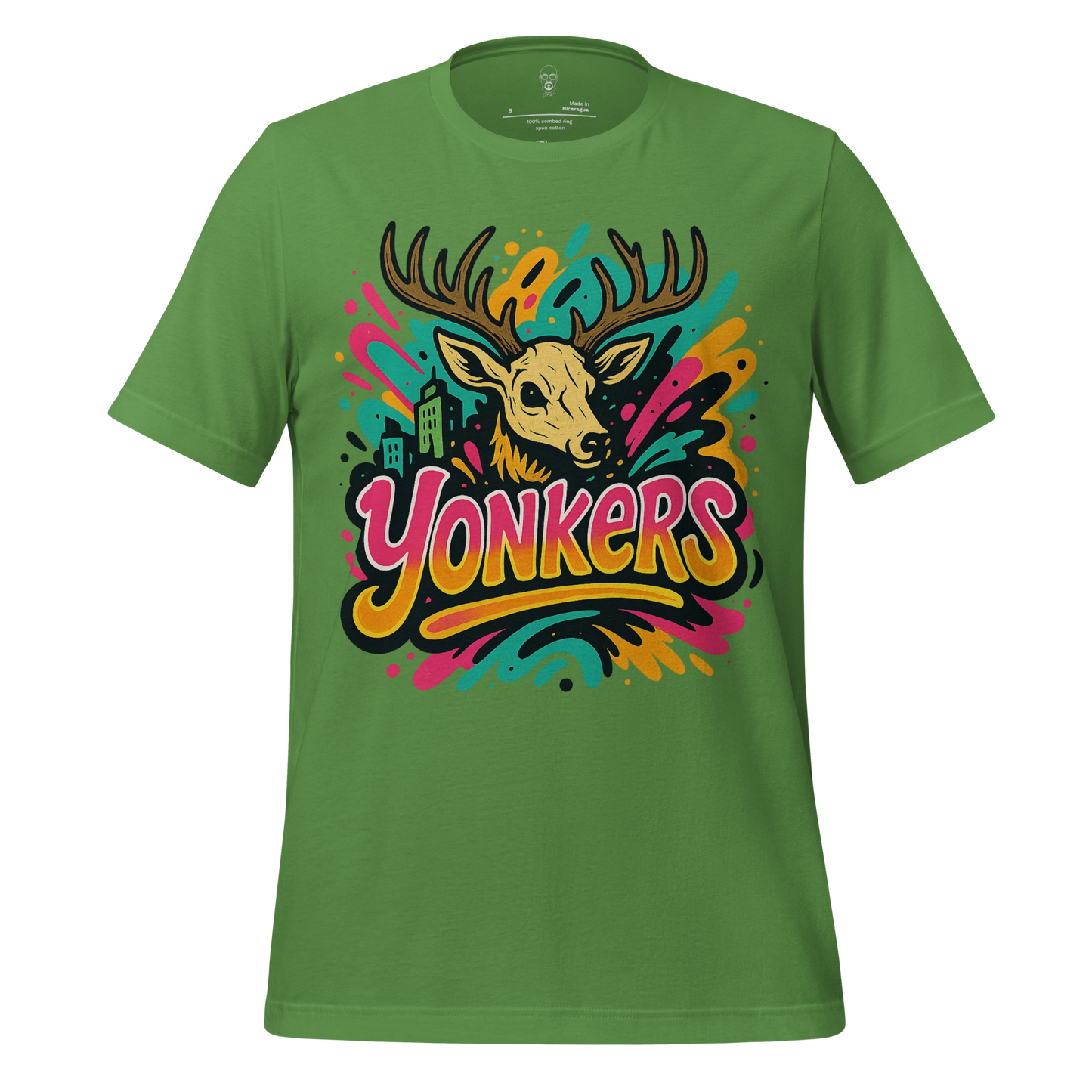 Green Yonkers Graphic T-Shirt with colorful deer and cityscape design by JMK Drip