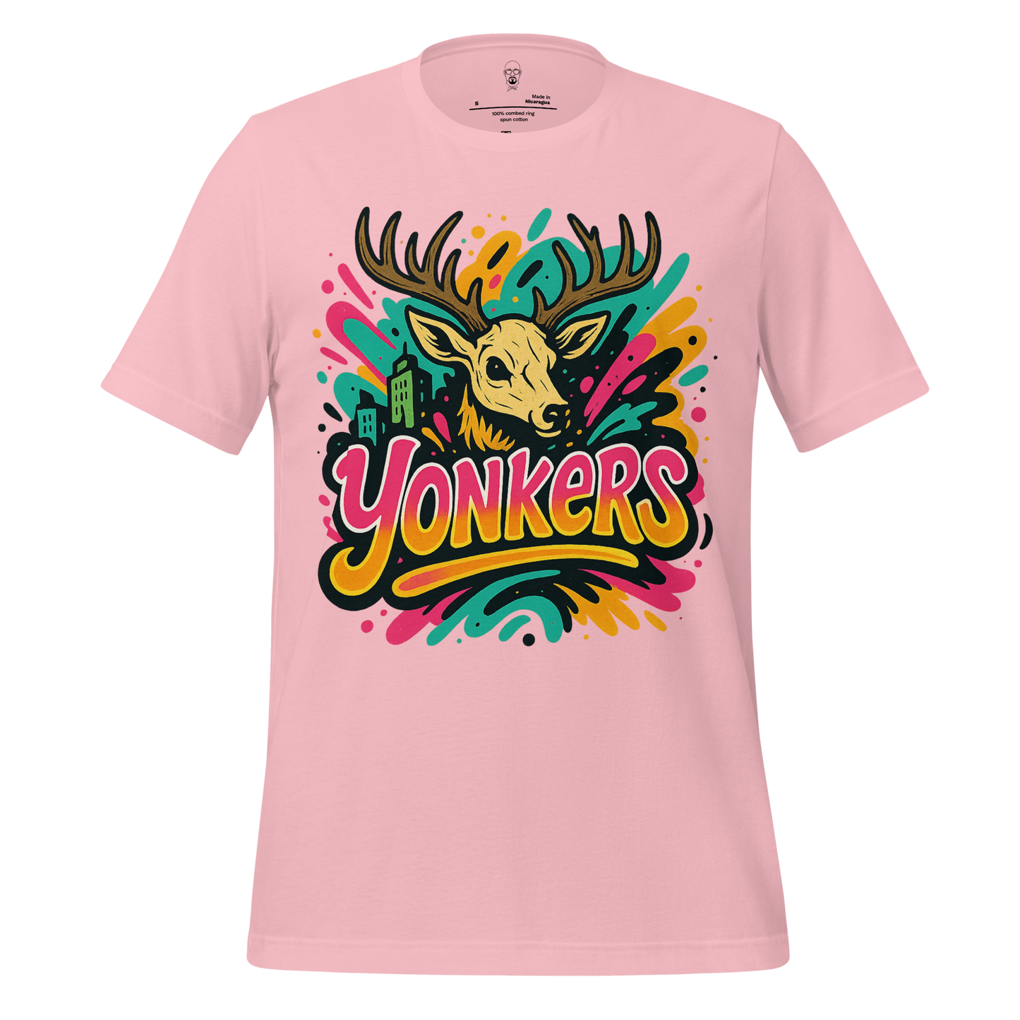 JMK Drip Yonkers Graphic T-Shirt in pink with colorful deer and city design