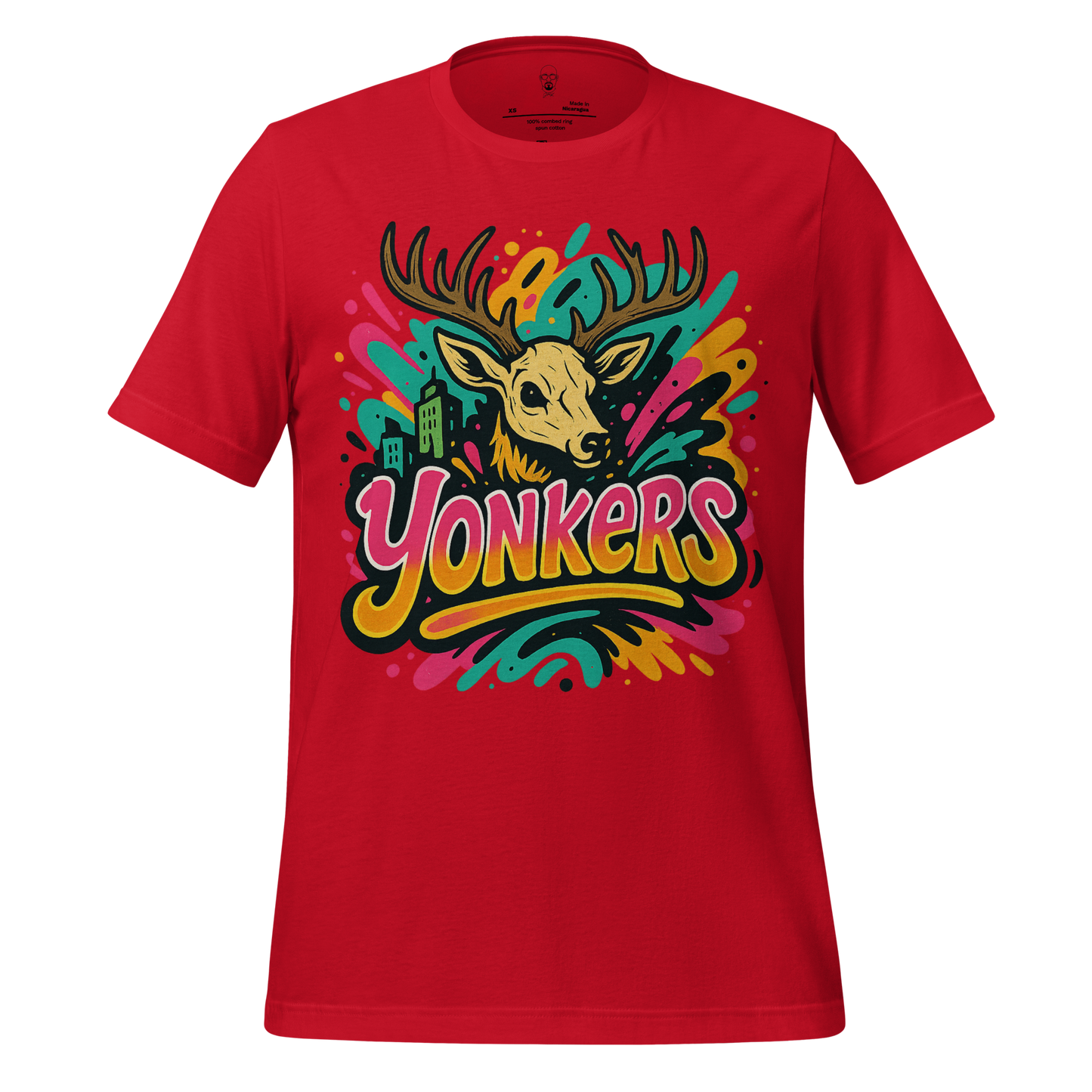 Red Yonkers Graphic T-Shirt by JMK Drip featuring colorful deer head and city design
