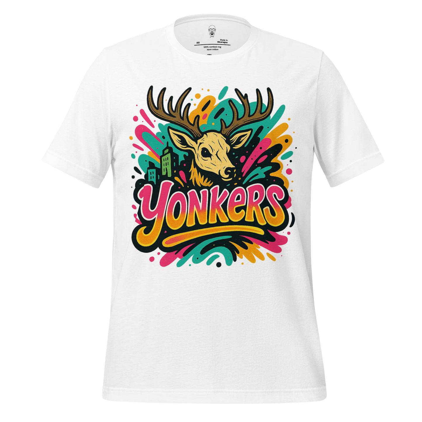 JMK Drip white Yonkers Graphic T-Shirt with colorful deer and city skyline design
