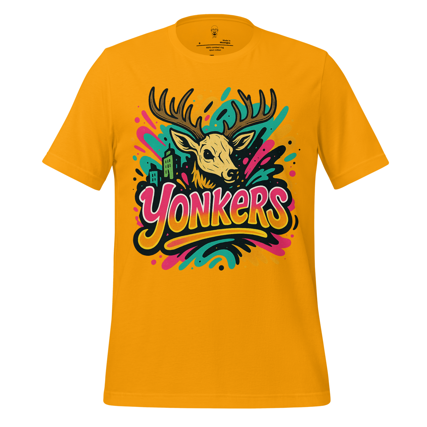 Yellow Yonkers Graphic T-Shirt with colorful deer and city skyline design by JMK Drip