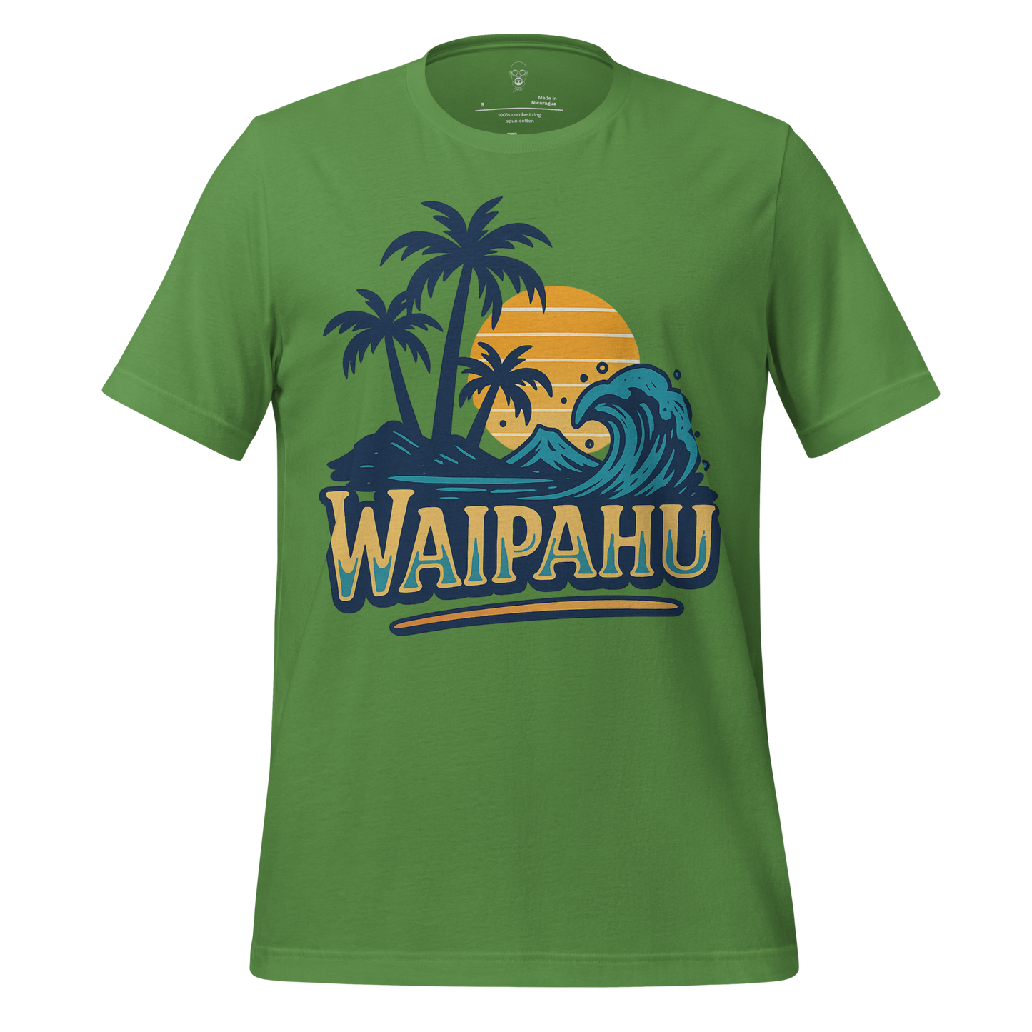Green Waipahu Graphic T-Shirt by JMK Drip featuring palm trees sunset and ocean wave design