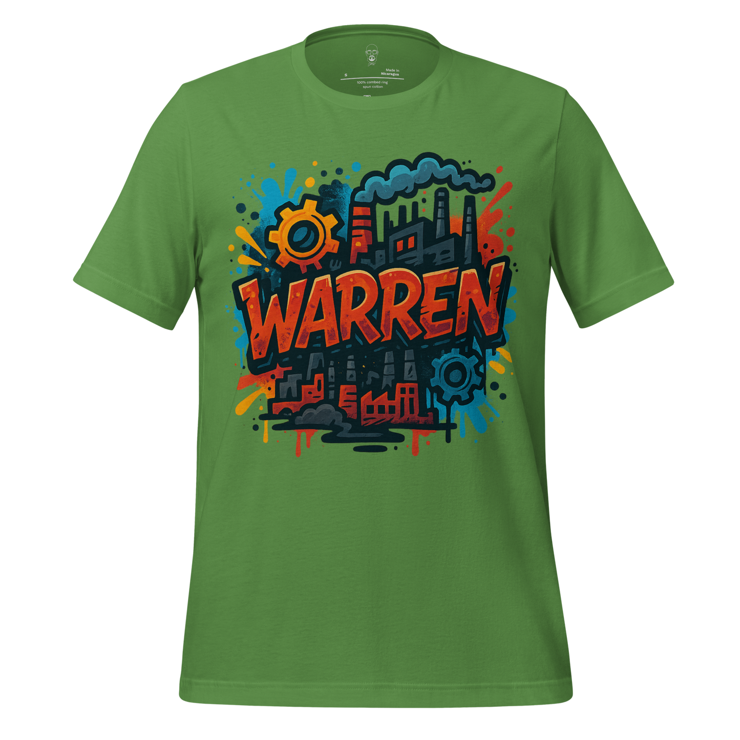Green JMK Drip Warren Graphic T-Shirt with colorful industrial design and bold text
