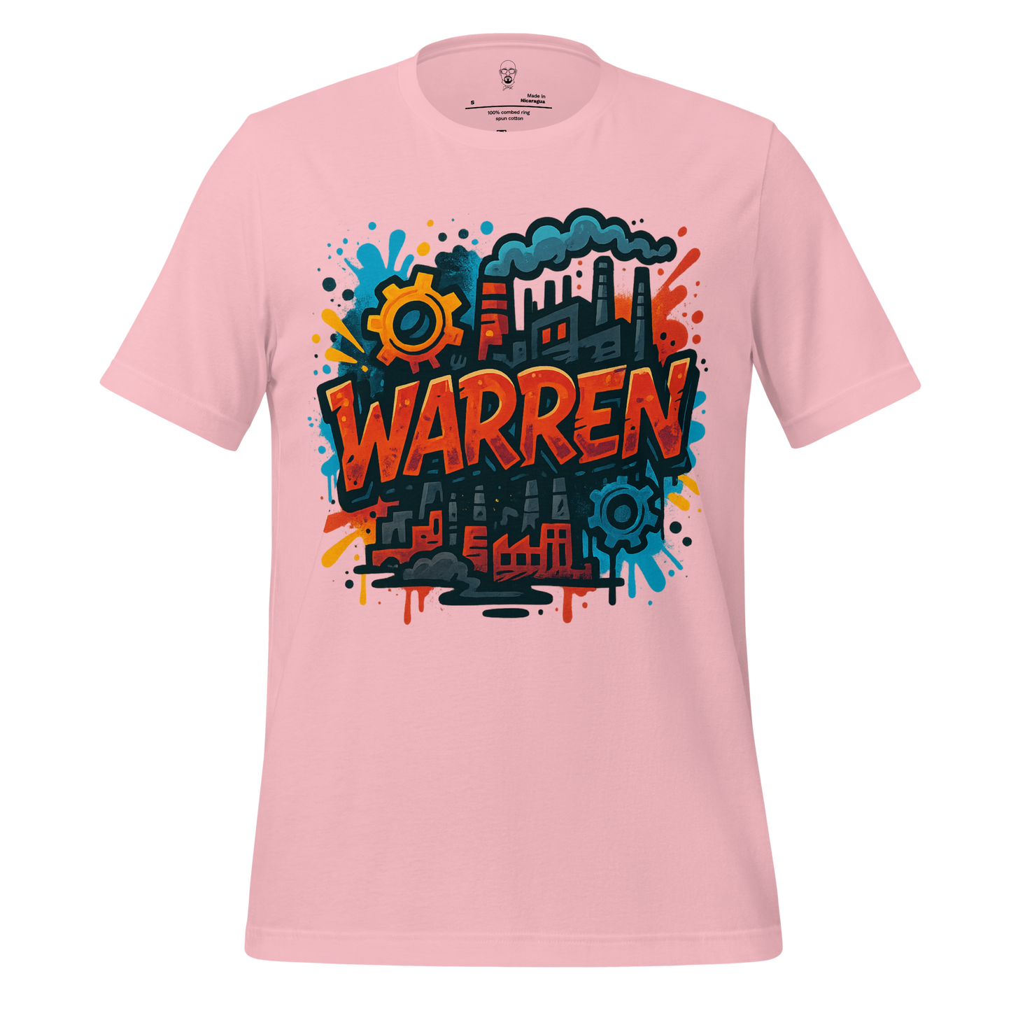 Pink JMK Drip Warren Graphic T-Shirt with colorful industrial and gear design on front