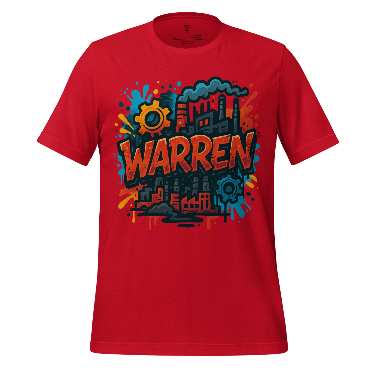 Red Warren Graphic T-Shirt with colorful industrial and gear design by JMK Drip