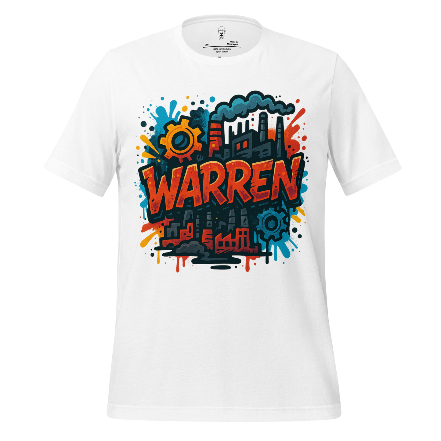 White Warren Graphic T-Shirt by JMK Drip featuring colorful industrial design with gears and factory illustration