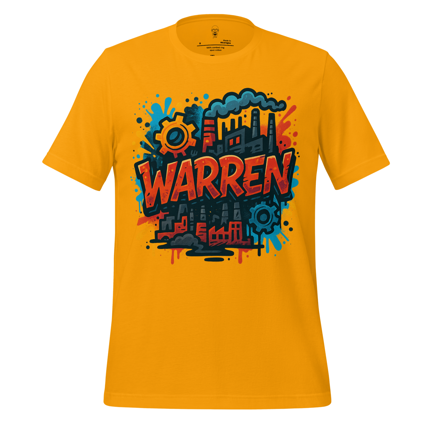 Yellow Warren Graphic T-Shirt by JMK Drip featuring bold industrial design with gears and factory silhouette