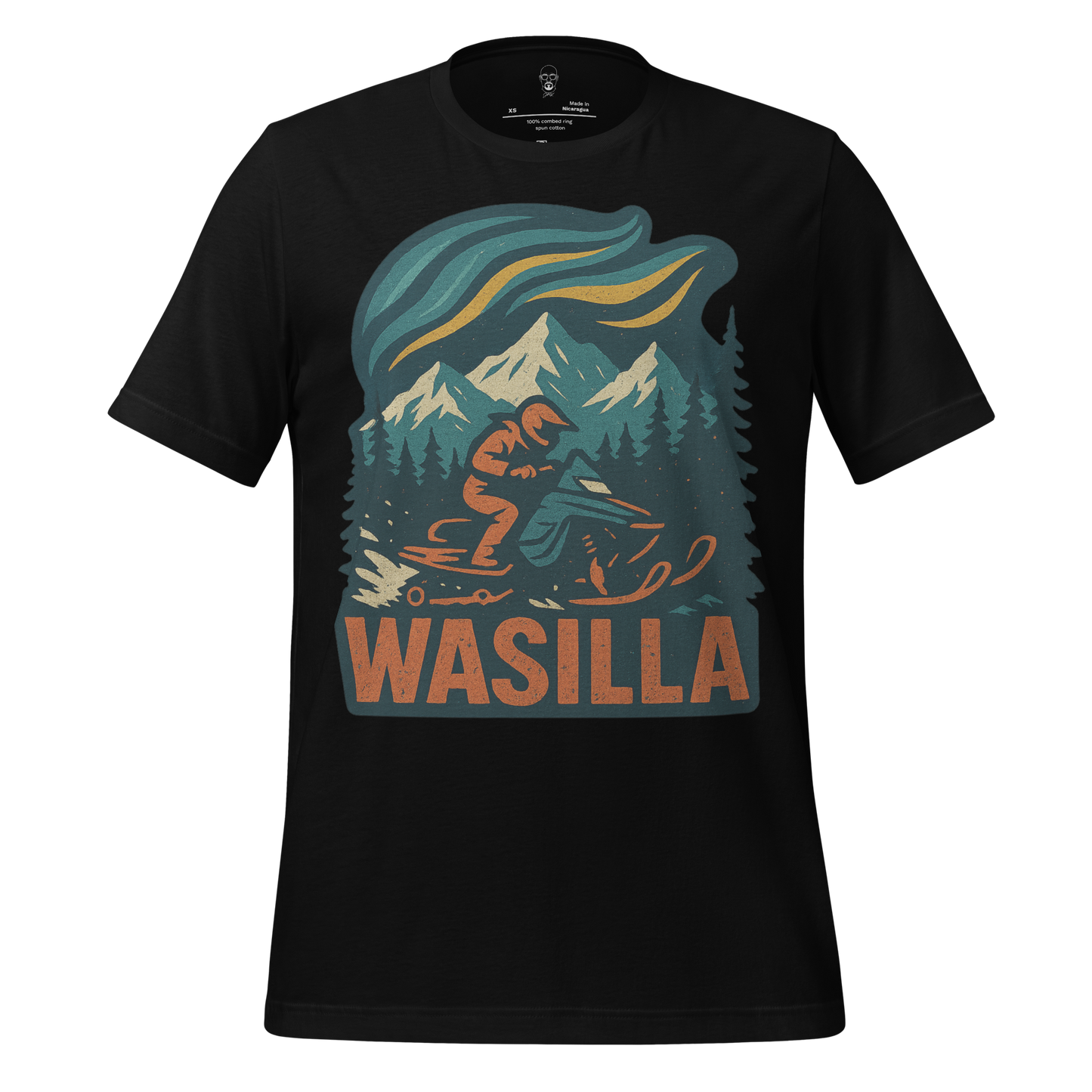 JMK Drip Wasilla Graphic T-Shirt with snowmobile rider and mountain design on black fabric