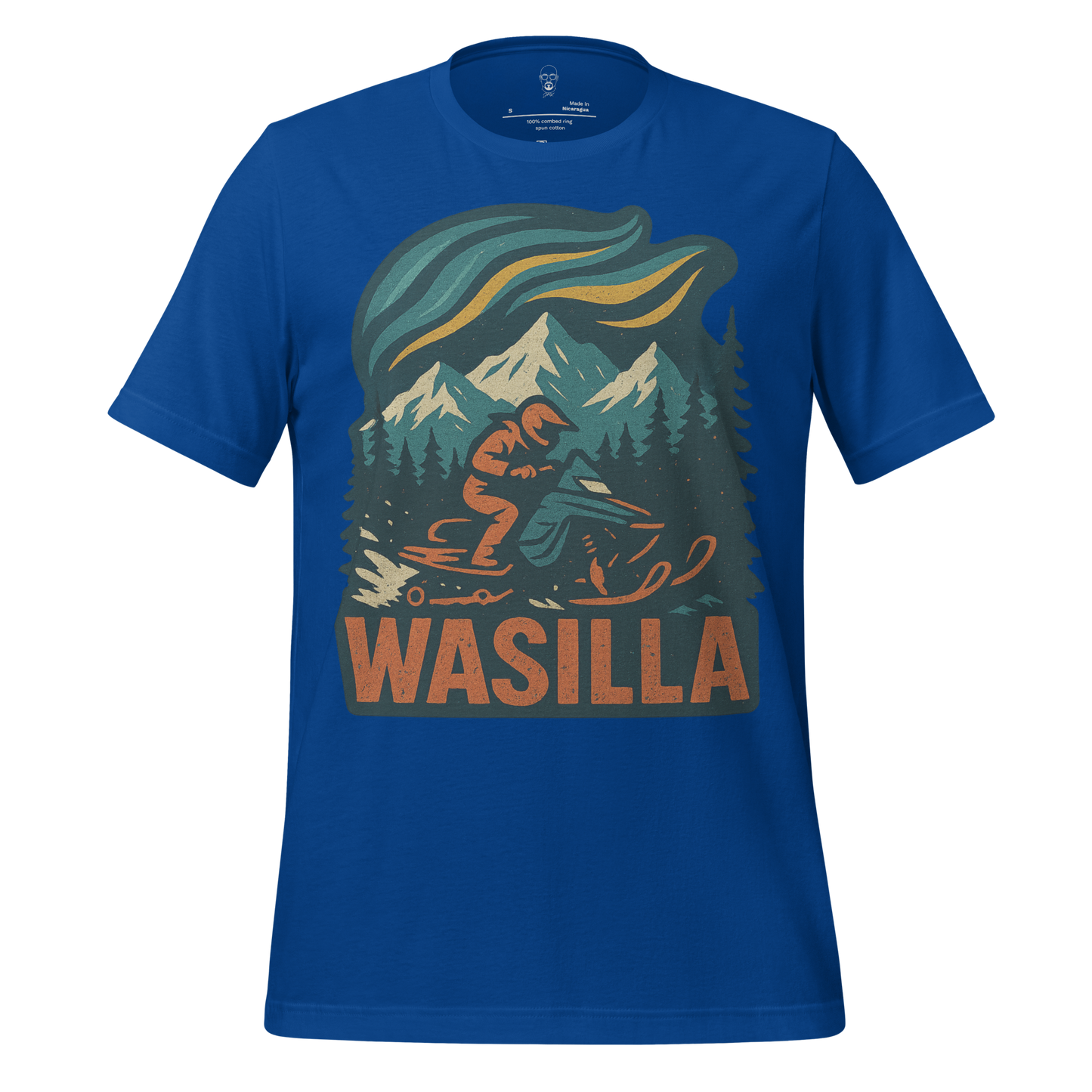 JMK Drip Wasilla Graphic T-Shirt in blue with snowmobile and mountain design