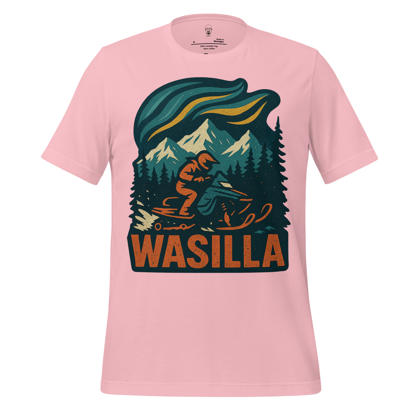 Pink Wasilla Graphic T-Shirt featuring a snowmobile rider with mountains and forest design