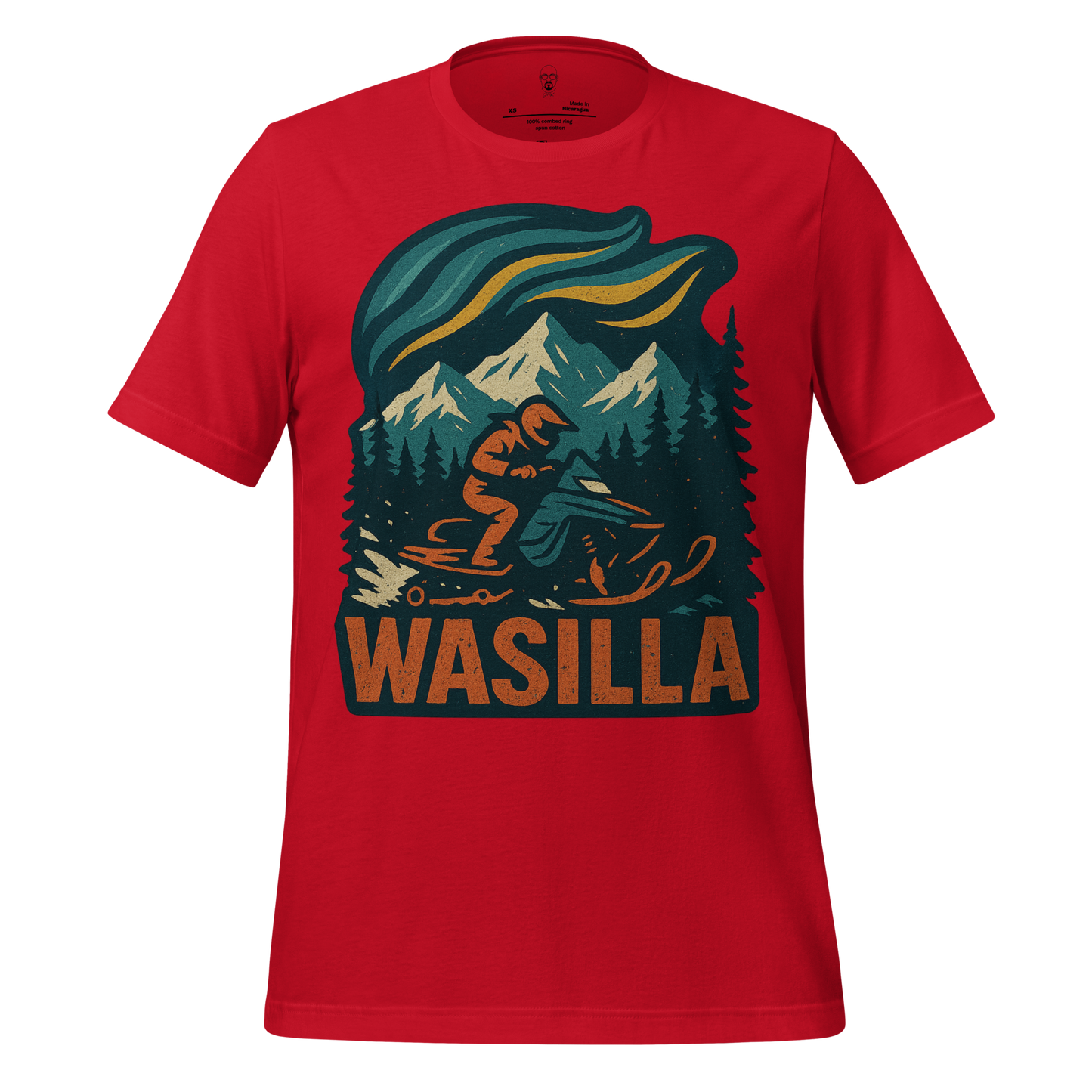 Red Wasilla Graphic T-Shirt by JMK Drip featuring snowmobile and mountain design