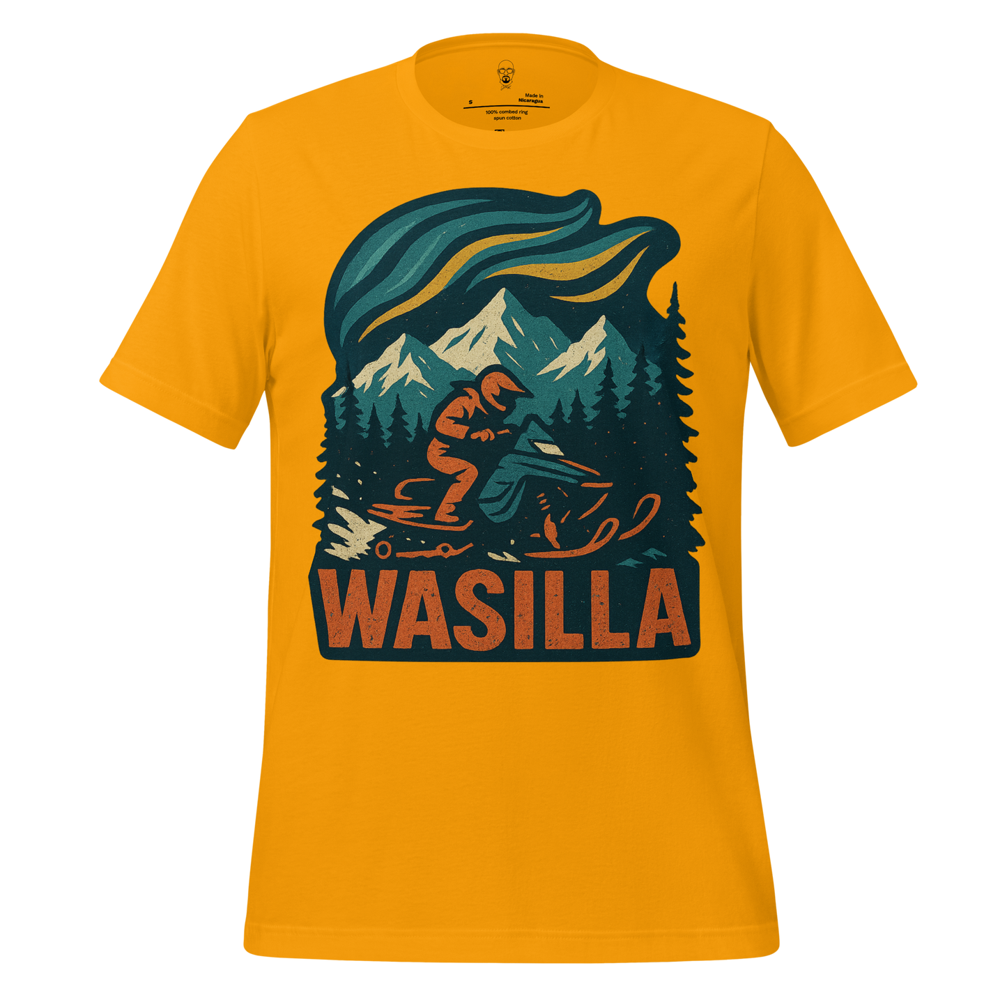 Yellow Wasilla Graphic T-Shirt with mountain, forest, and snowmobile design by JMK Drip