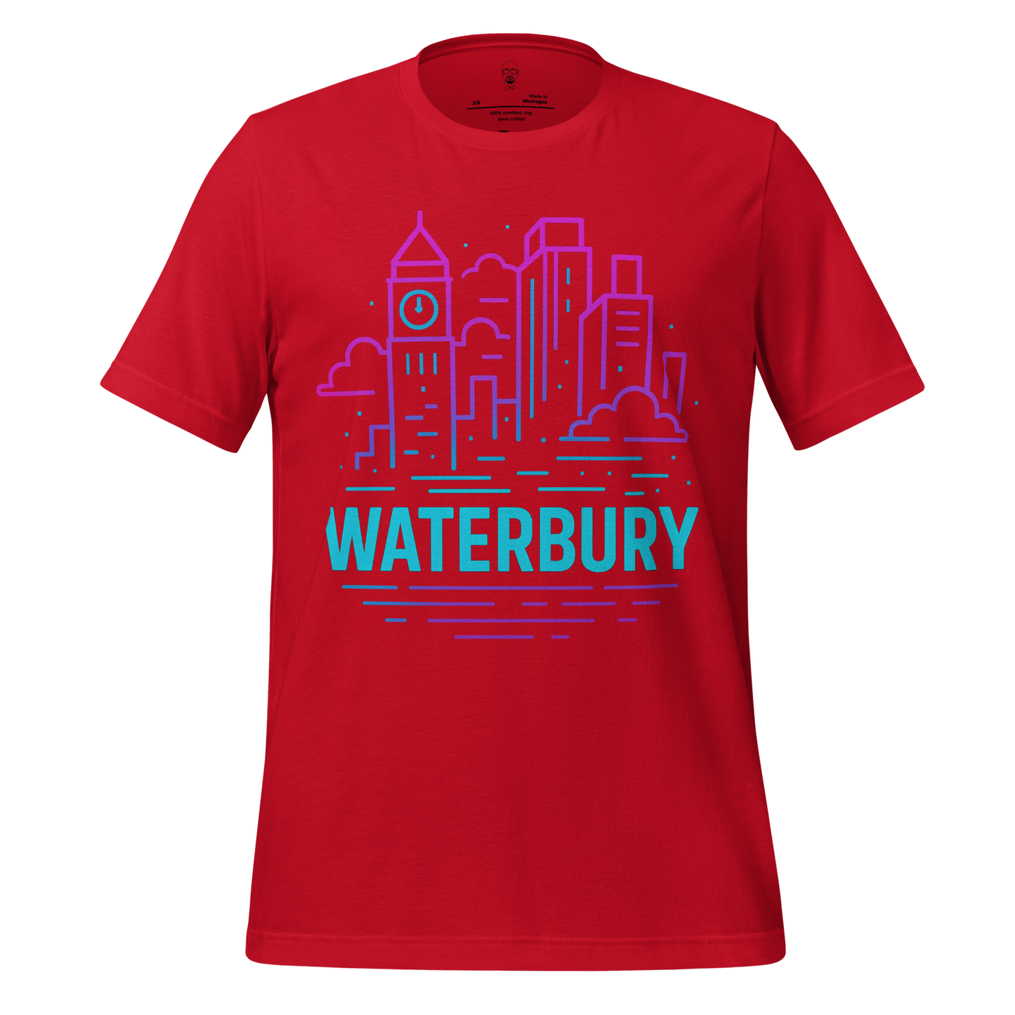 Red JMK Drip Waterbury Graphic T-Shirt with blue and purple city skyline design