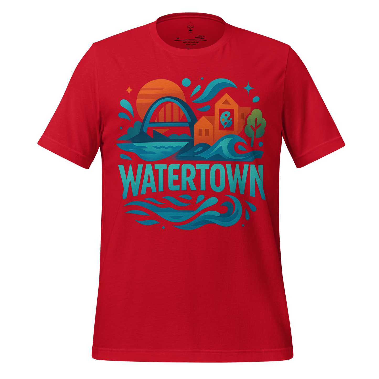 Red Watertown graphic t-shirt with colorful town and water wave design by JMK Drip