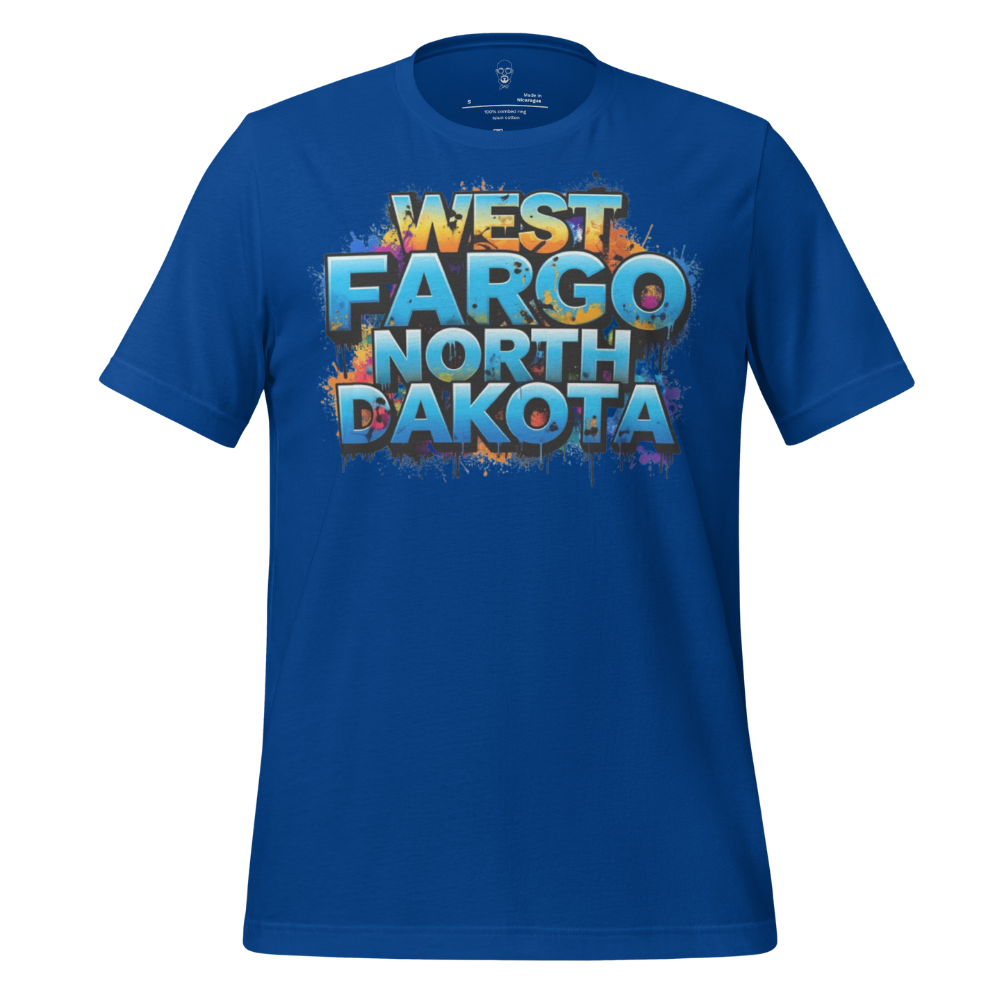 Blue West Fargo t-shirt with vibrant graffiti style North Dakota text design